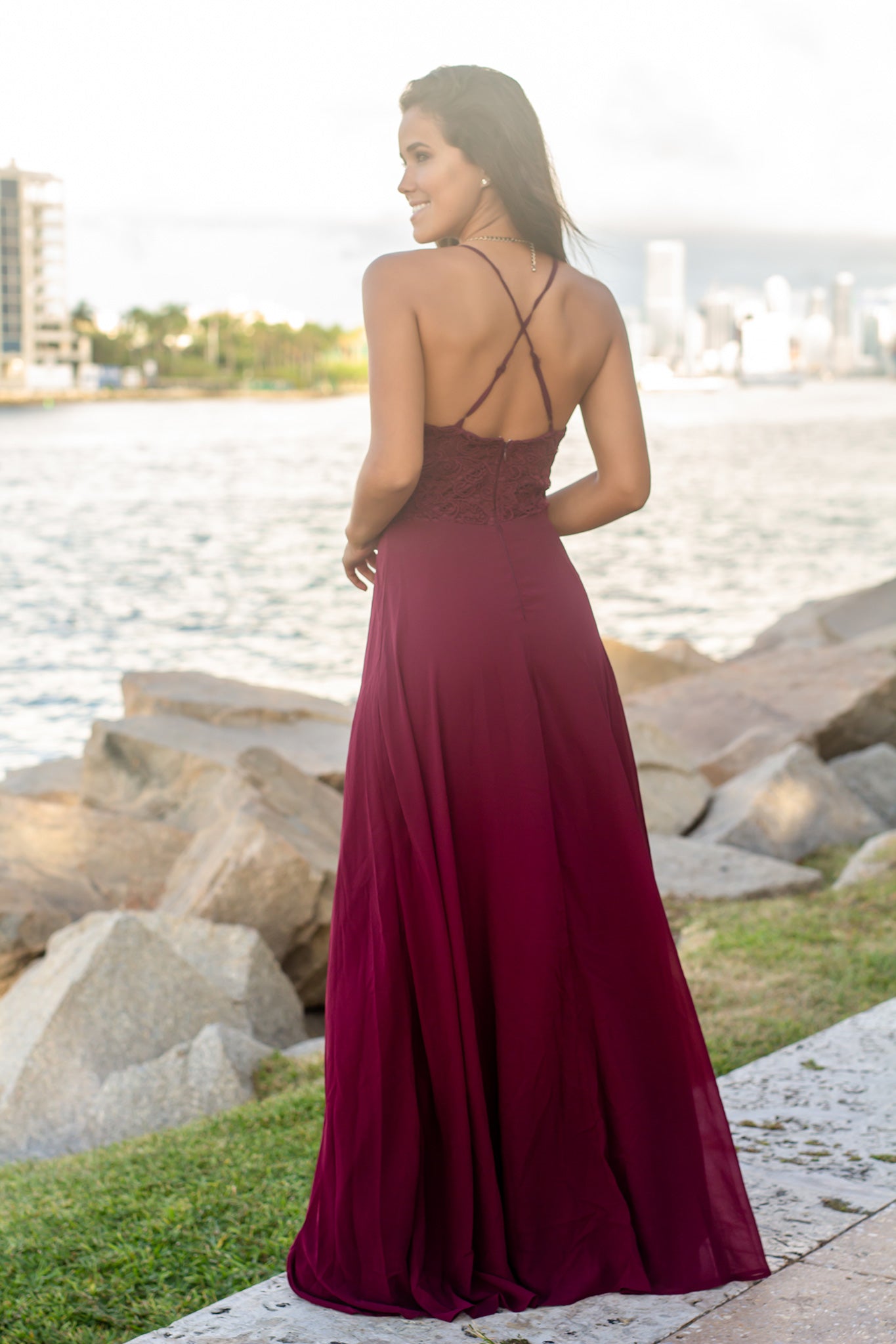 Elegant Burgundy Sleeveless Crochet Top Maxi Dress with Criss Cross Back