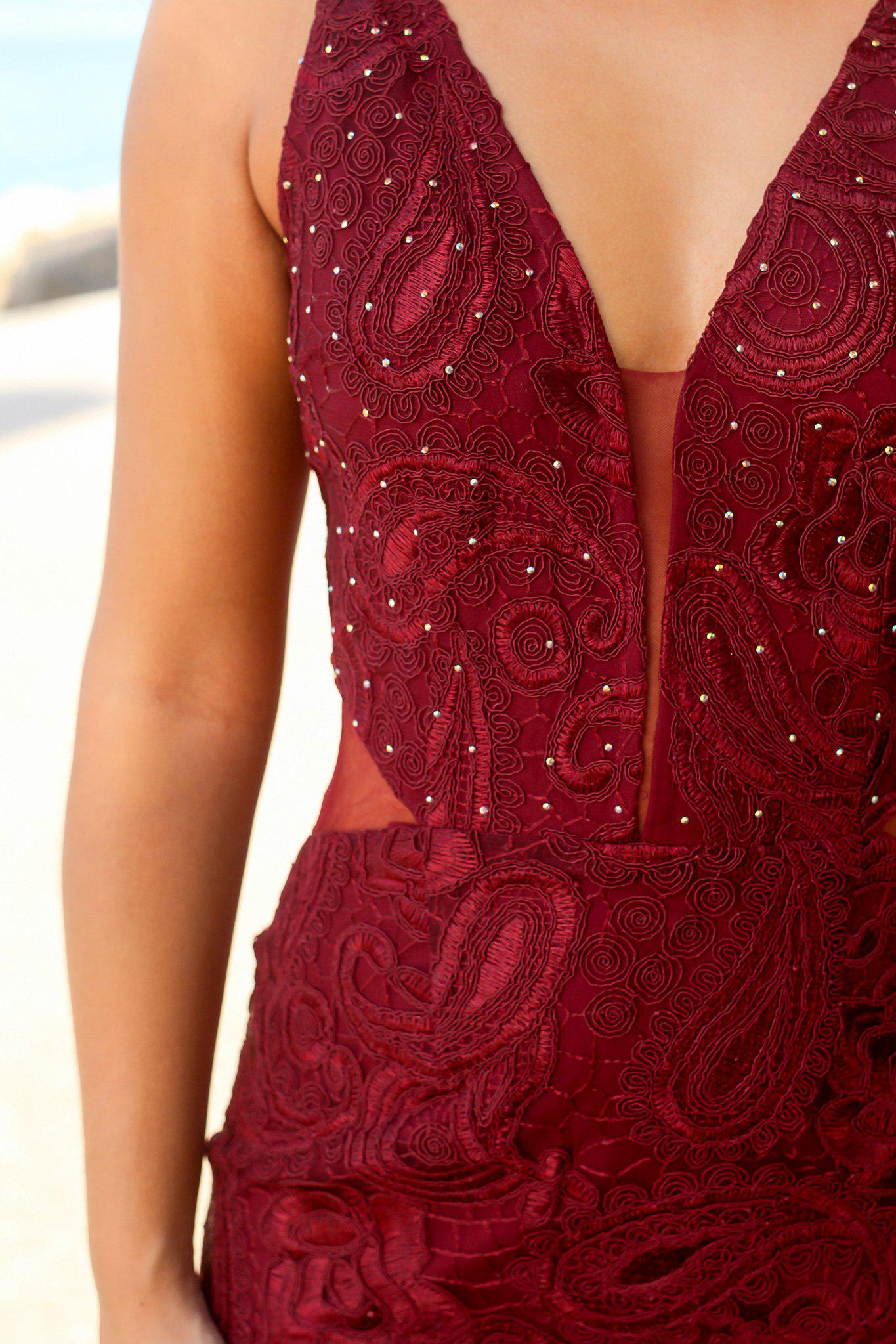 Gorgeous Burgundy Lace Mermaid Maxi Dress with Mesh Back and Gold Dot Details
