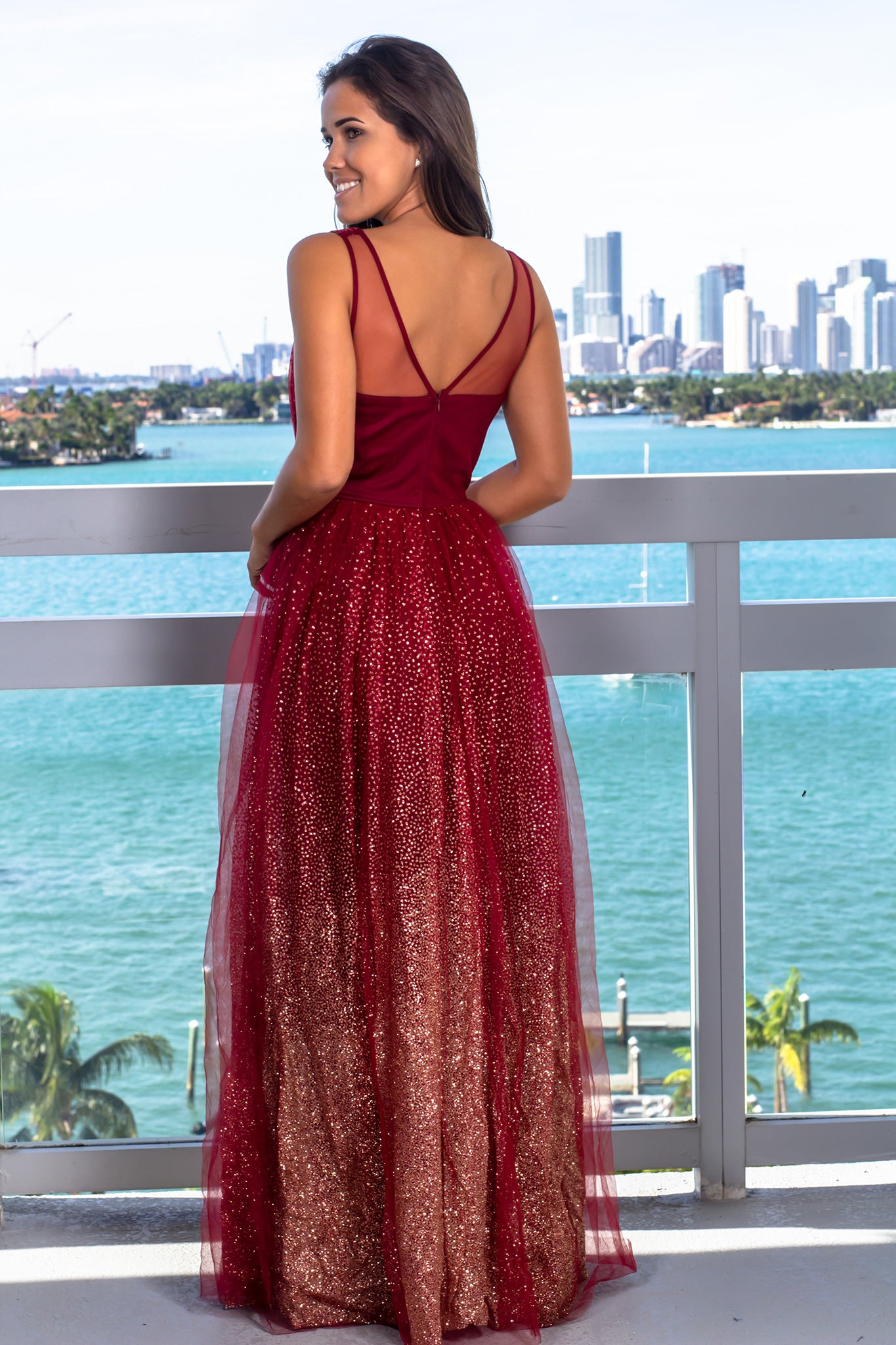 Gorgeous Burgundy Tulle Maxi Dress with Shimmering Gold Glitter