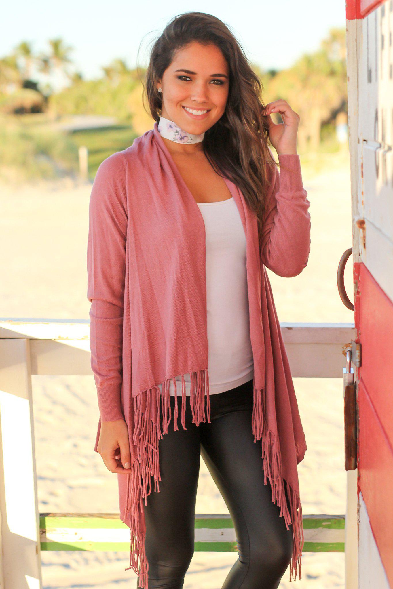 Stylish Mauve Fringe Long - Sleeve Cardigan for All - Occasion Wear
