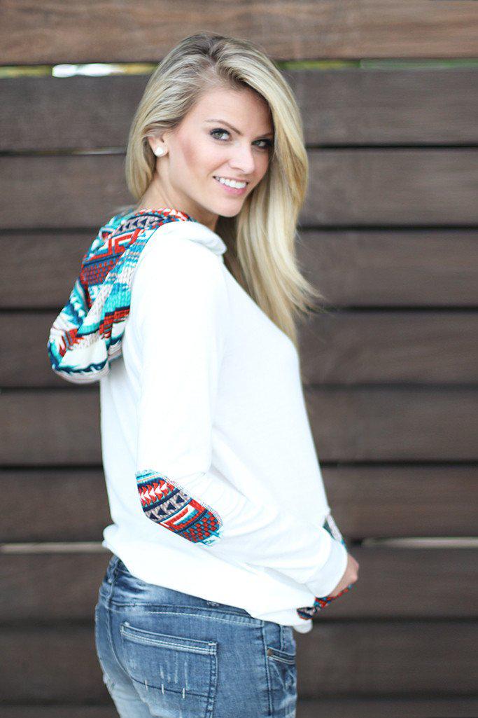 Super Soft Ivory and Teal Print Hoodie with Pocket and Elbow Patches
