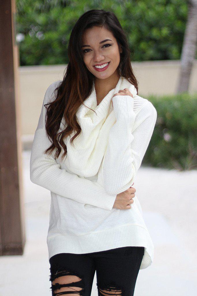 Gorgeous Ivory Acrylic Cowl Neck Long Sleeve Sweater for Women