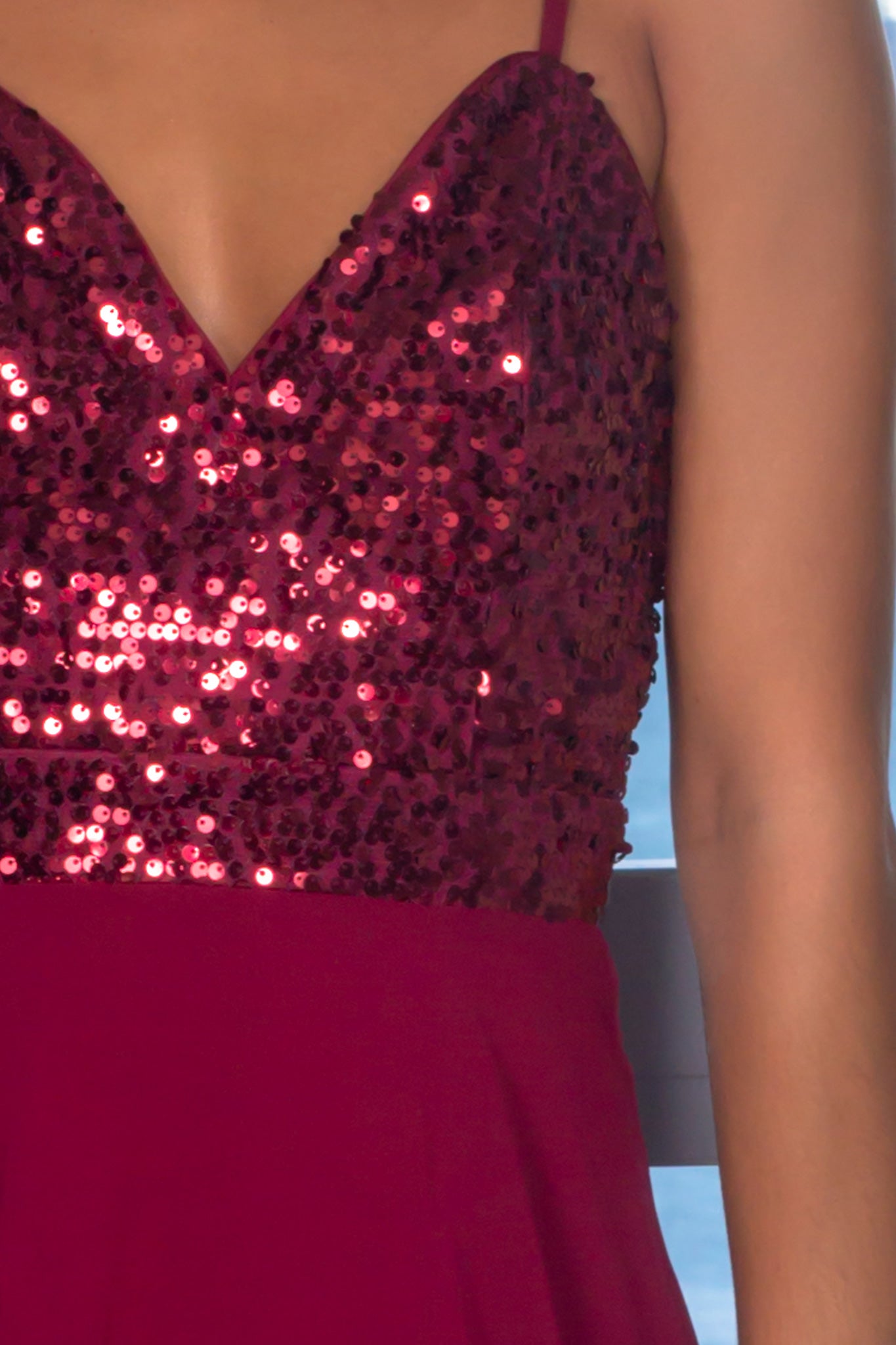 Stunning Burgundy Sleeveless Sequin High Low Dress
