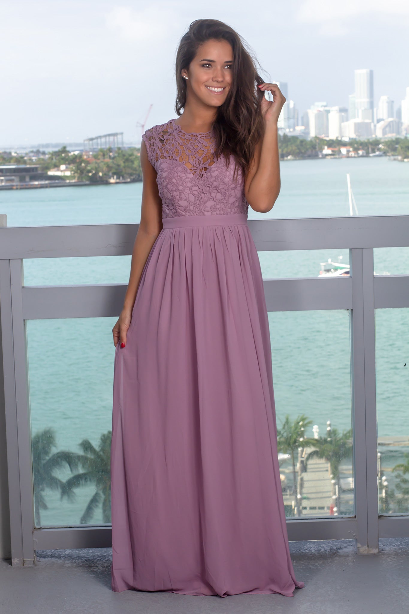 Elegant Mauve Crochet Maxi Dress with Stunning Tulle Back