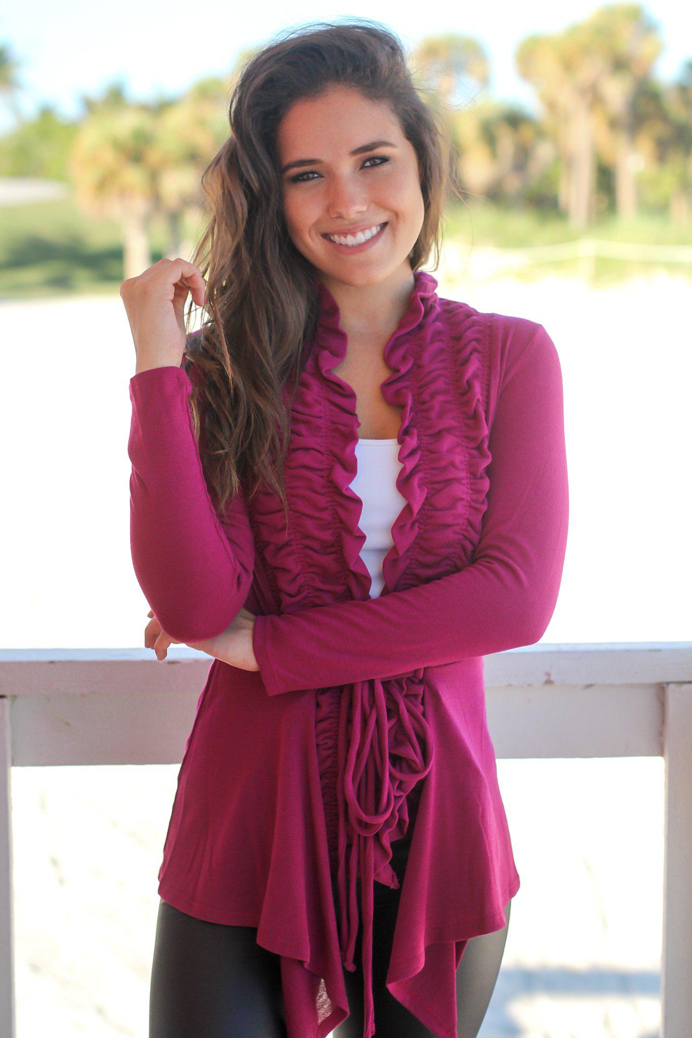 Stunning Magenta Women's Fashion Ruffled Cardigan for All Seasons