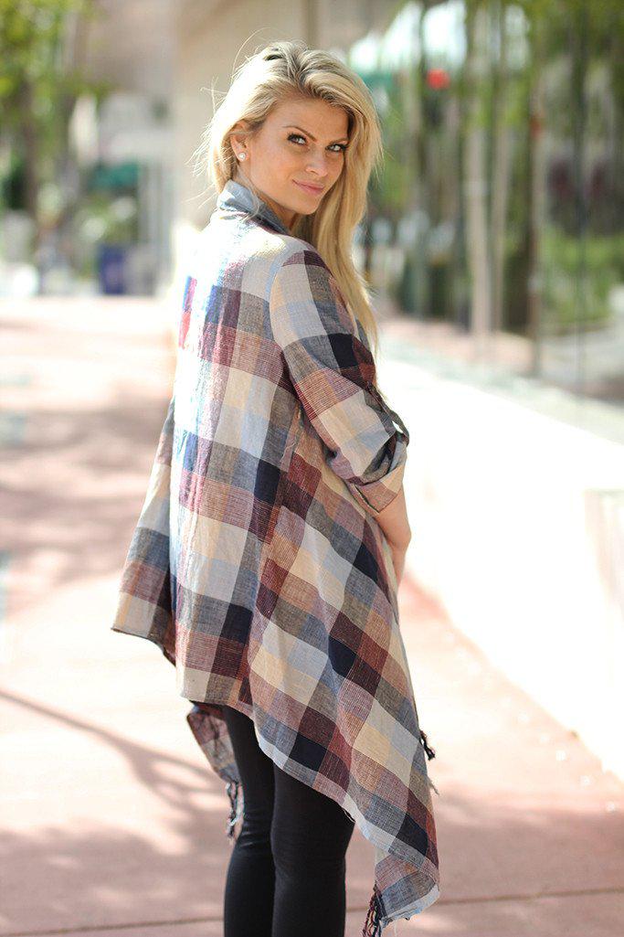 Stylish Burgundy and Navy Checkered Fringe Women's Cardigan for All Seasons