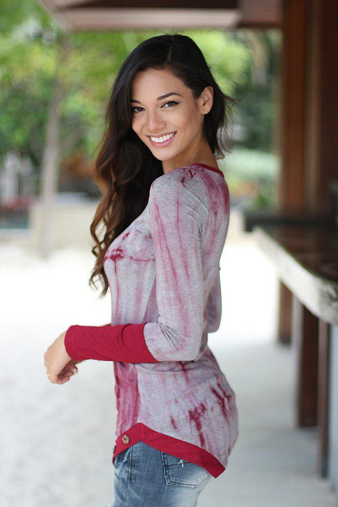 Stylish Burgundy Tie Dye Long Sleeve Asymmetrical Women's Top