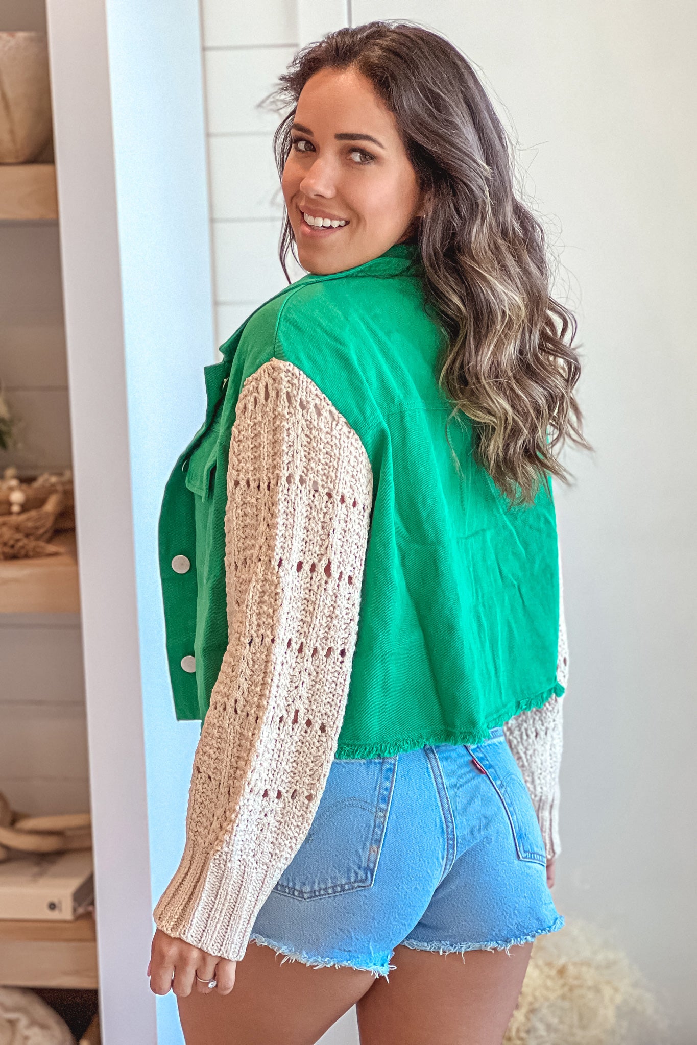 Stunning Jade-Colored Denim Jacket with Intricate Crochet Sleeves