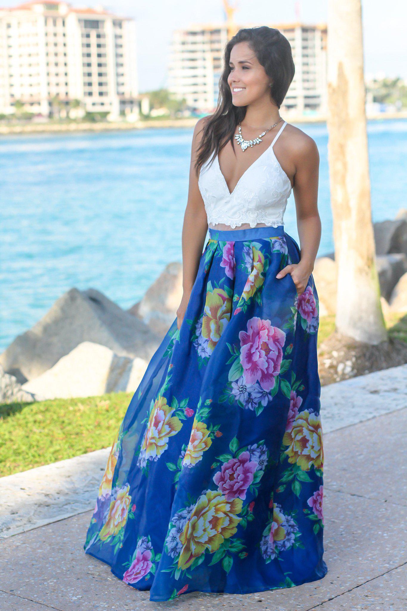 Gorgeous Ivory and Royal Blue Floral Long Maxi Formal Dress with Criss Cross Back Design