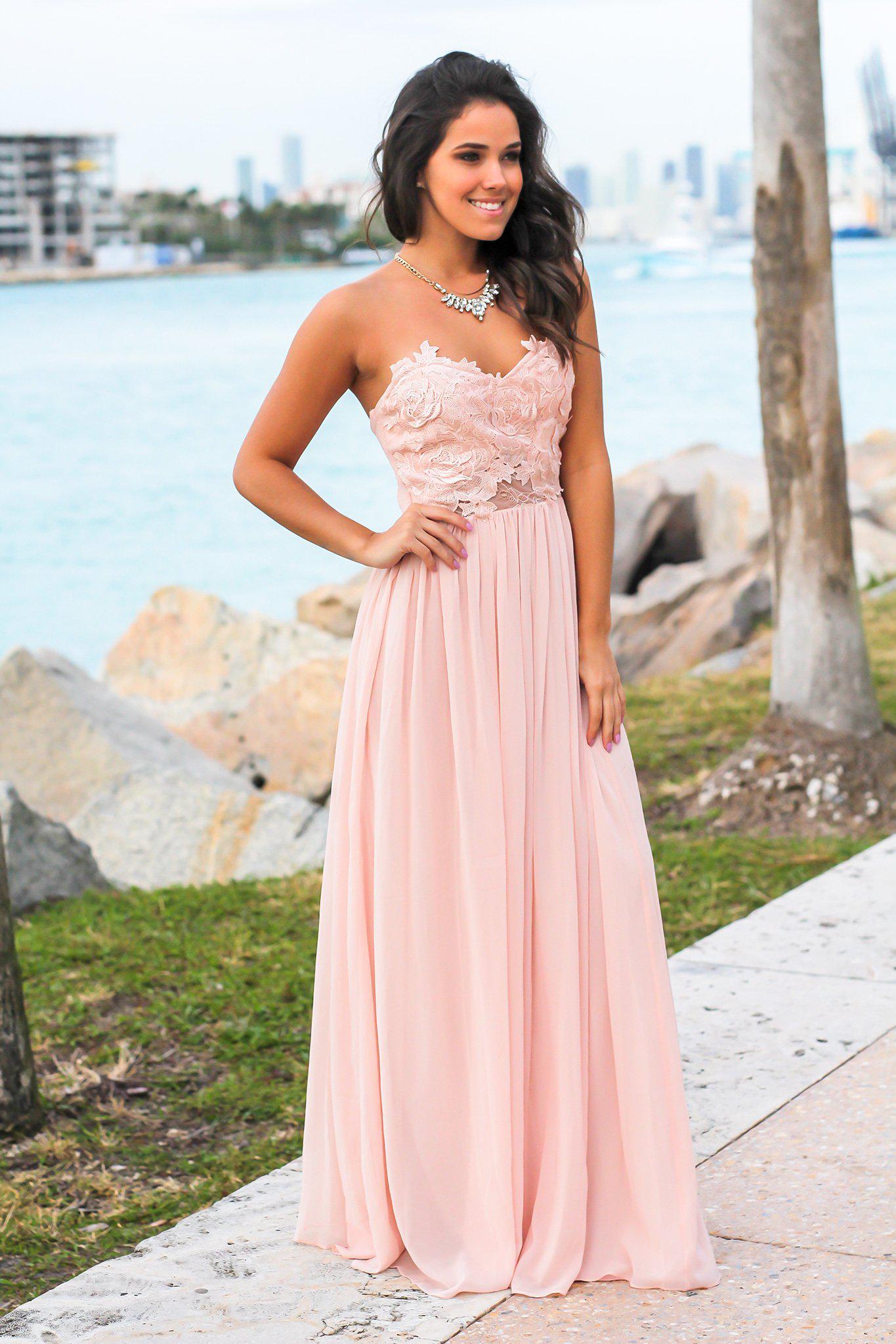 Gorgeous Blush Strapless Crochet - Top Maxi Dress with Flowy Skirt