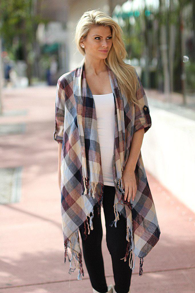 Stylish Burgundy and Navy Checkered Fringe Women's Cardigan for All Seasons