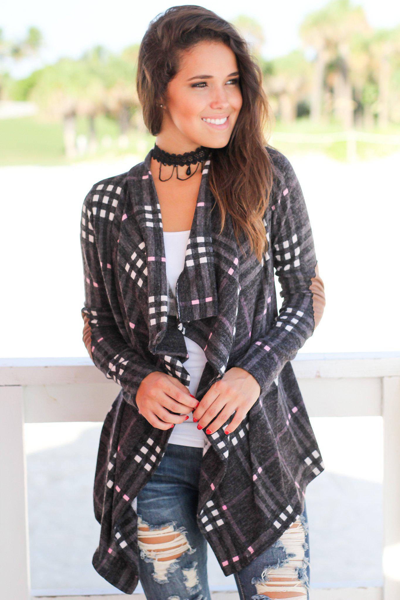 Stylish Charcoal Plaid Knitted Cardigan for Women with Faux Suede Elbow Patches