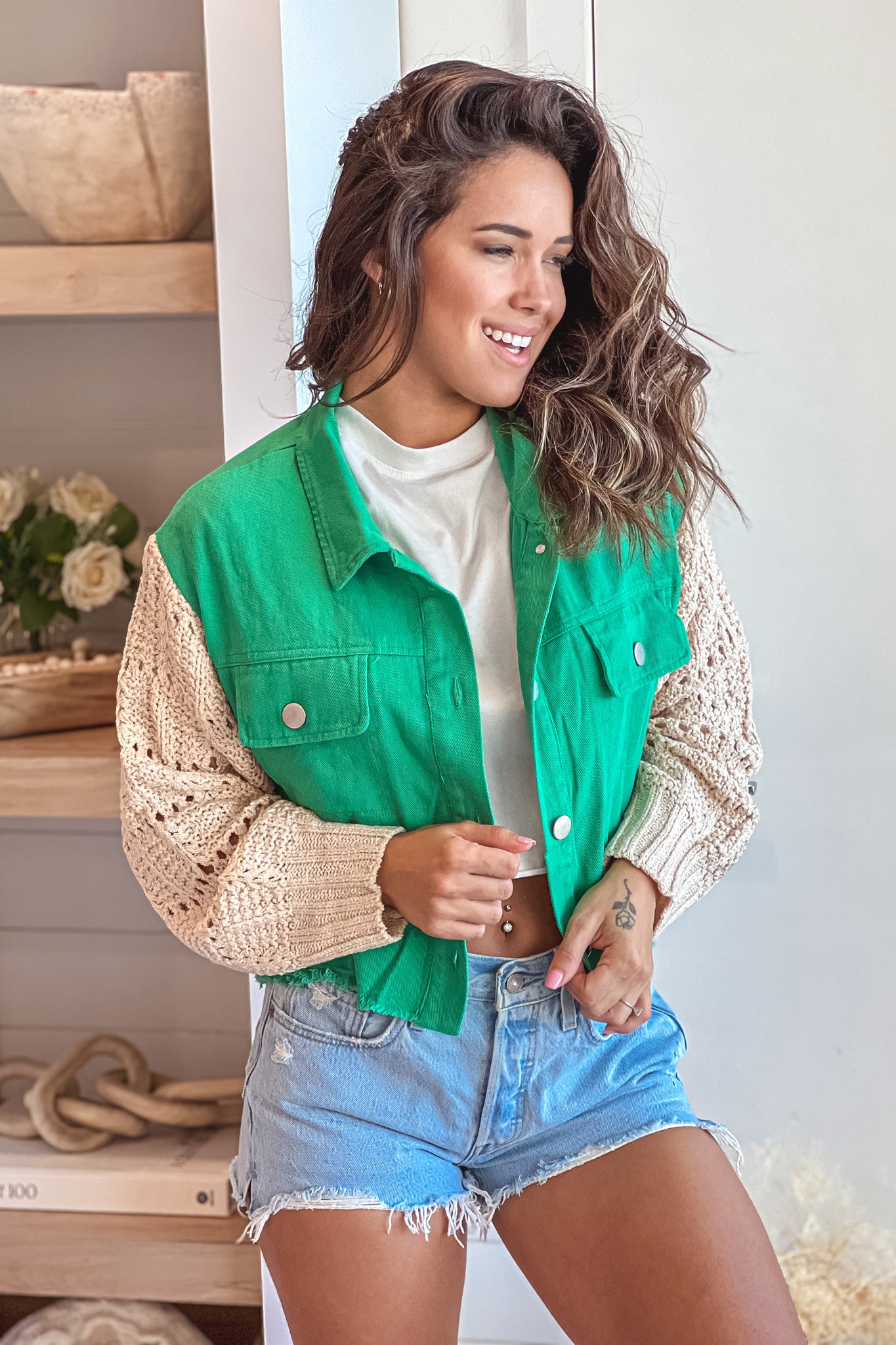 Stunning Jade-Colored Denim Jacket with Intricate Crochet Sleeves