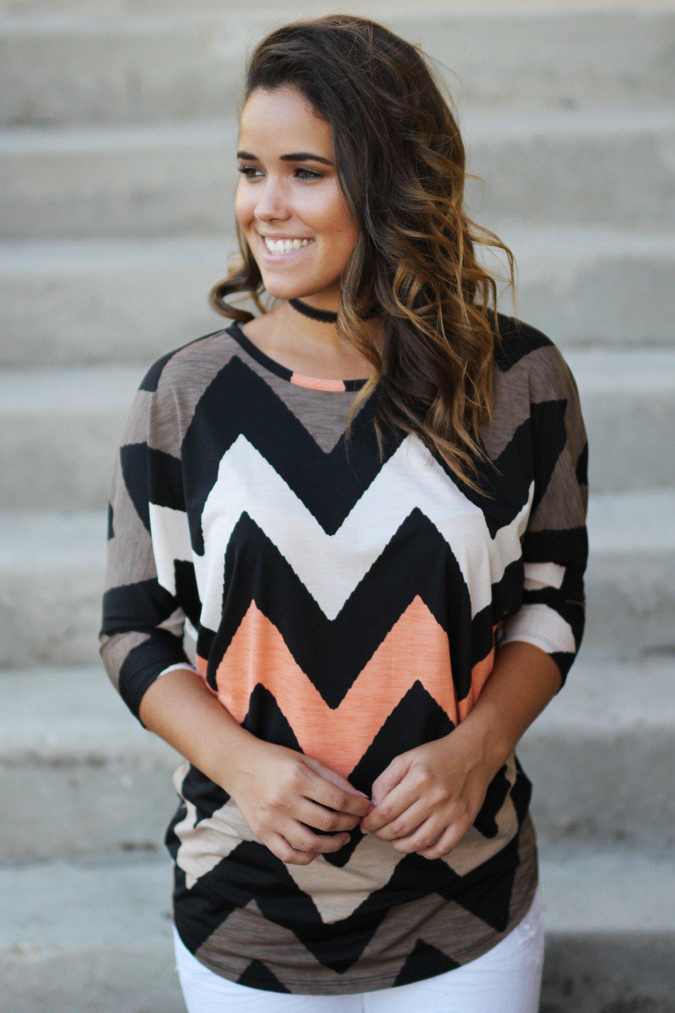 Stylish Brown and Peach Chevron-Print Women's Top for Fall