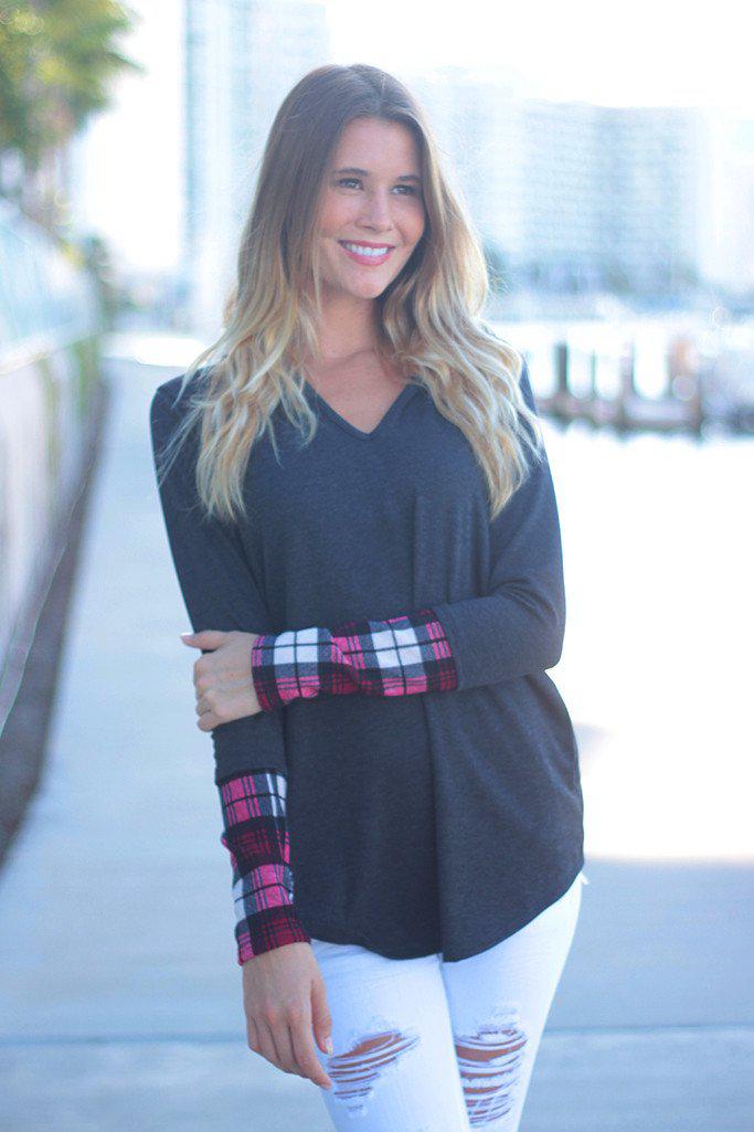 Stylish Charcoal and Plaid Patterned Hooded Women's Tunic for Fall and Winter