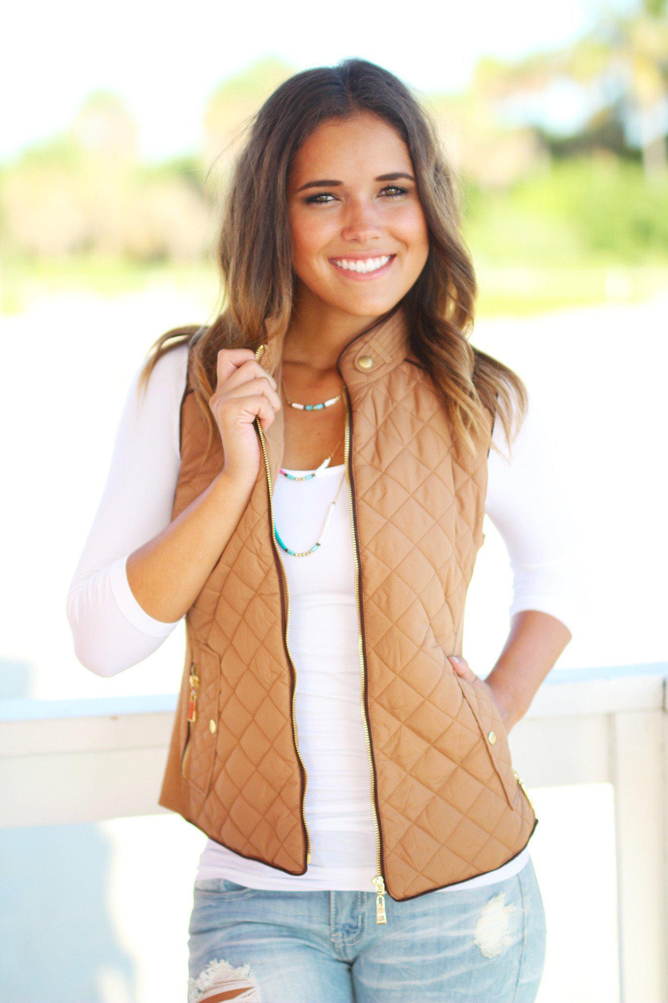 Stylish Camel Quilted Vest with Gold Zippers and Pockets for Fall/Winter