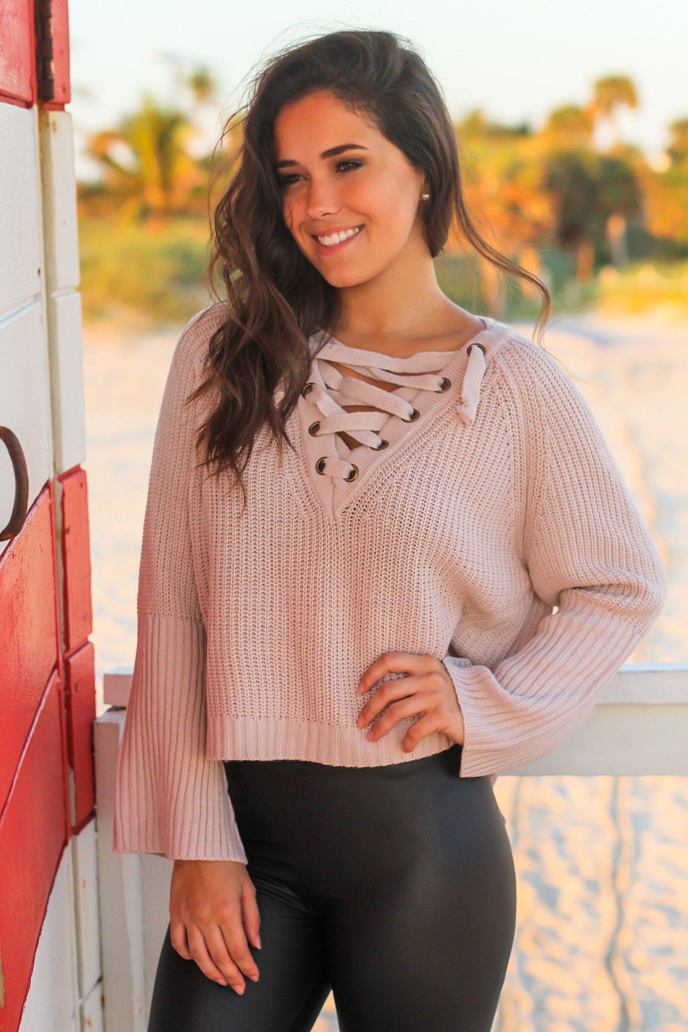 Stylish Mauve Acrylic-Cotton Knit Lace Up Bell Sleeve Sweater for Fall and Winter