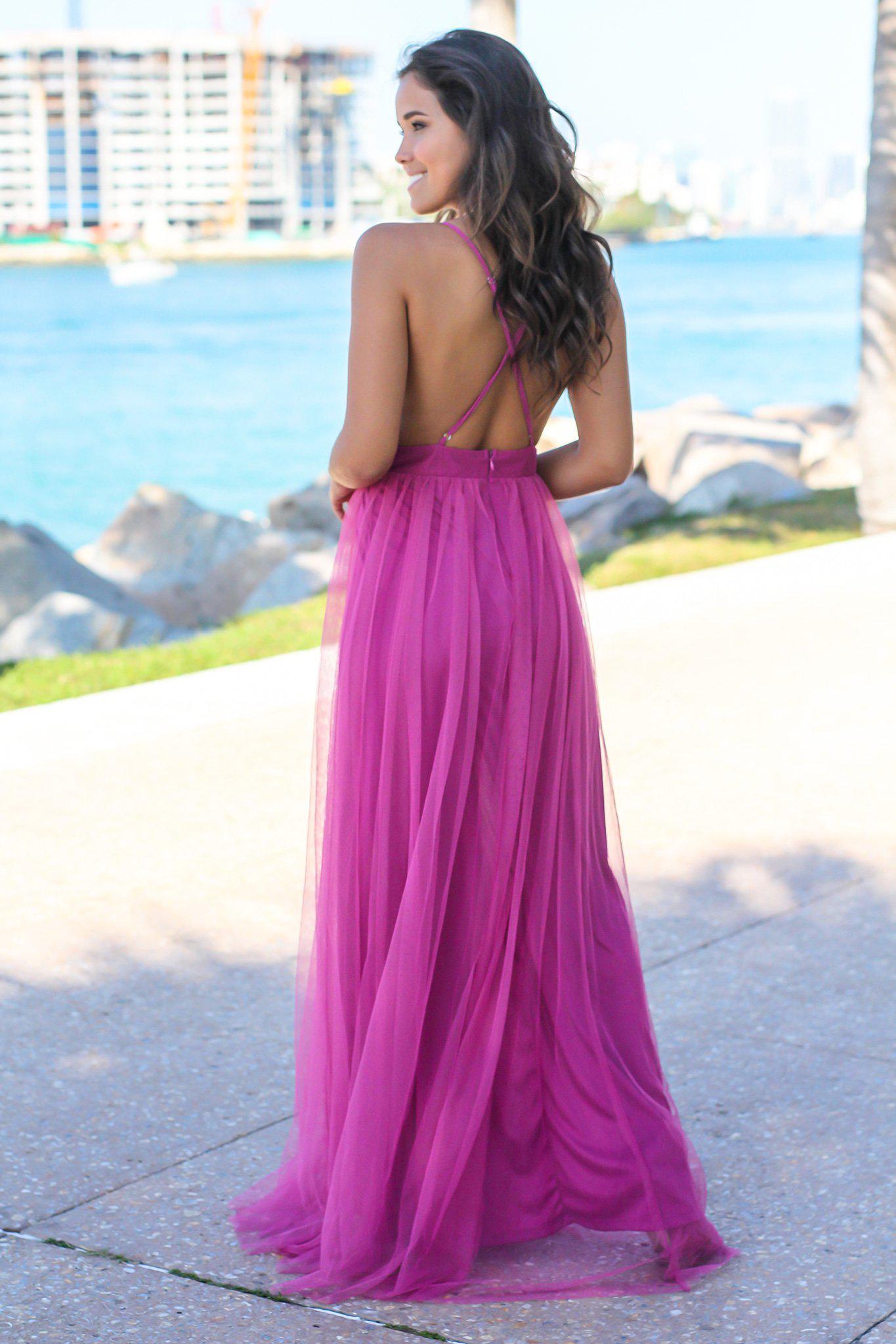 Gorgeous Magenta Tulle Maxi Dress with Elegant Lace Accents