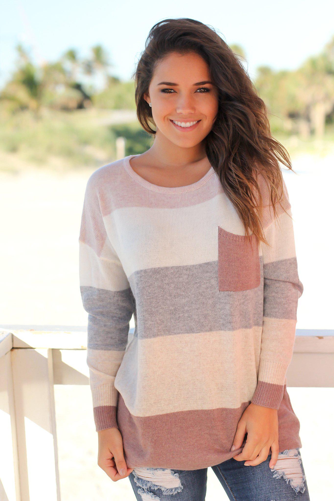 Stylish Mauve Color Blocked Knitted Women's Top with a Cute Front Pocket