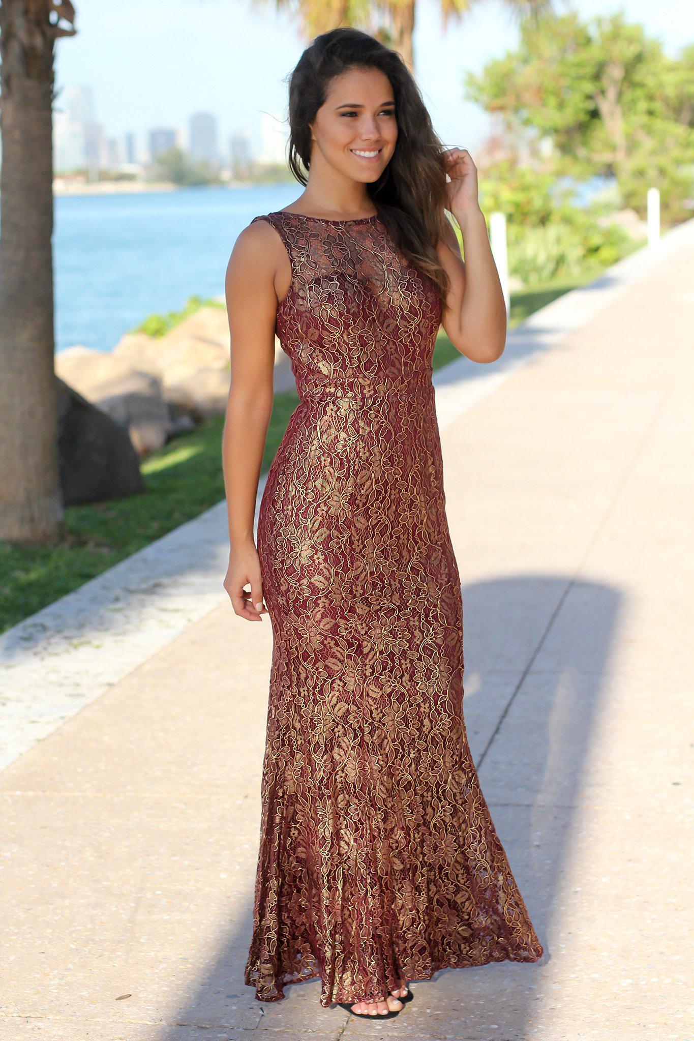 Stunning Burgundy Maxi Dress with Gold Lace and Open Back Design