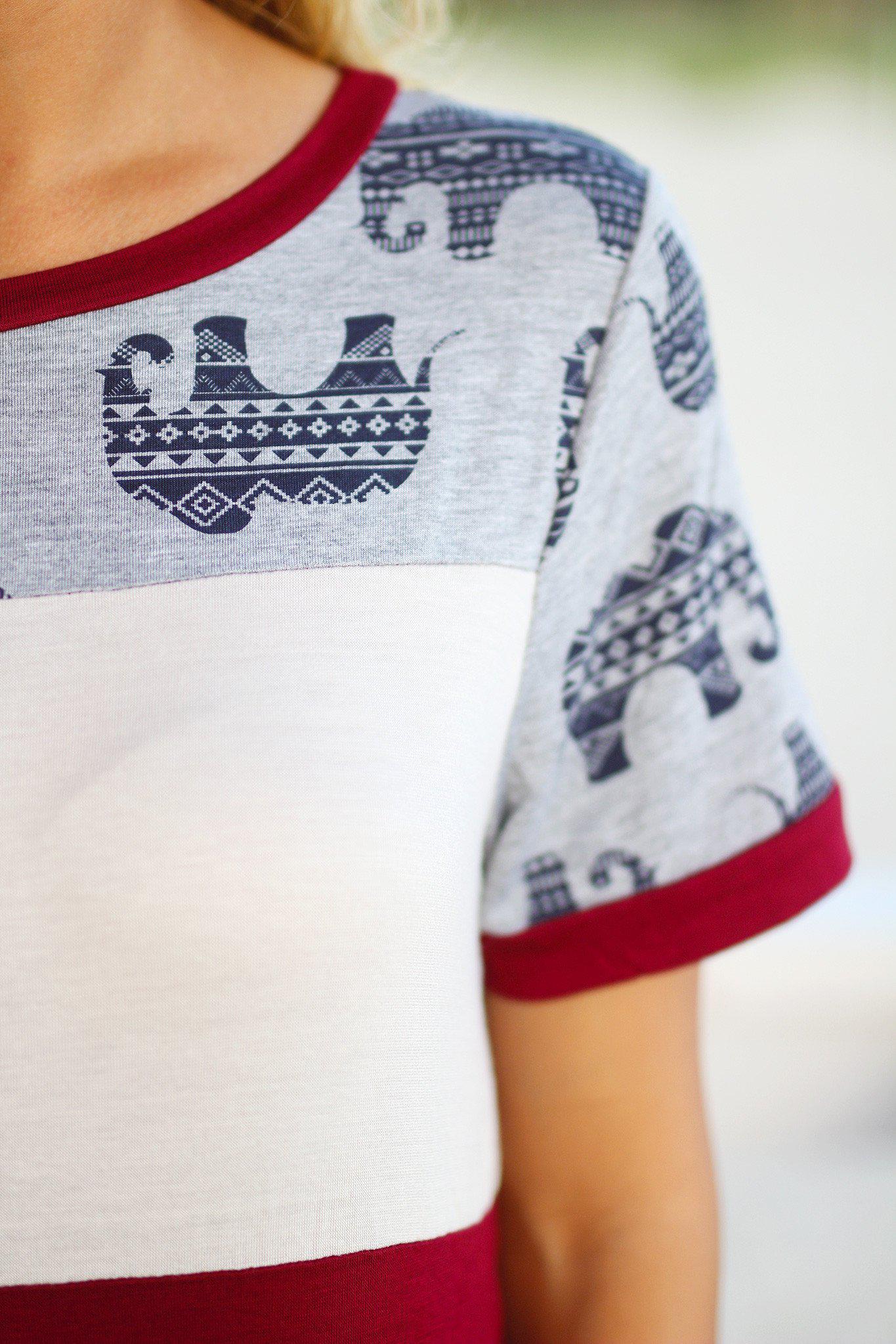 Charming Burgundy Elephant Print Loose-Fit Women's Top