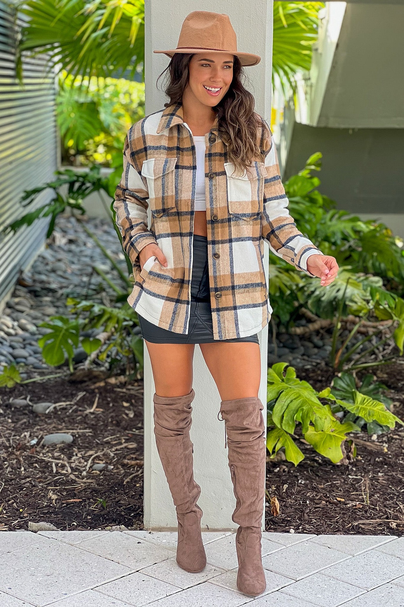 Stylish Camel Plaid Button-Up Casual Shacket for Fall and Winter