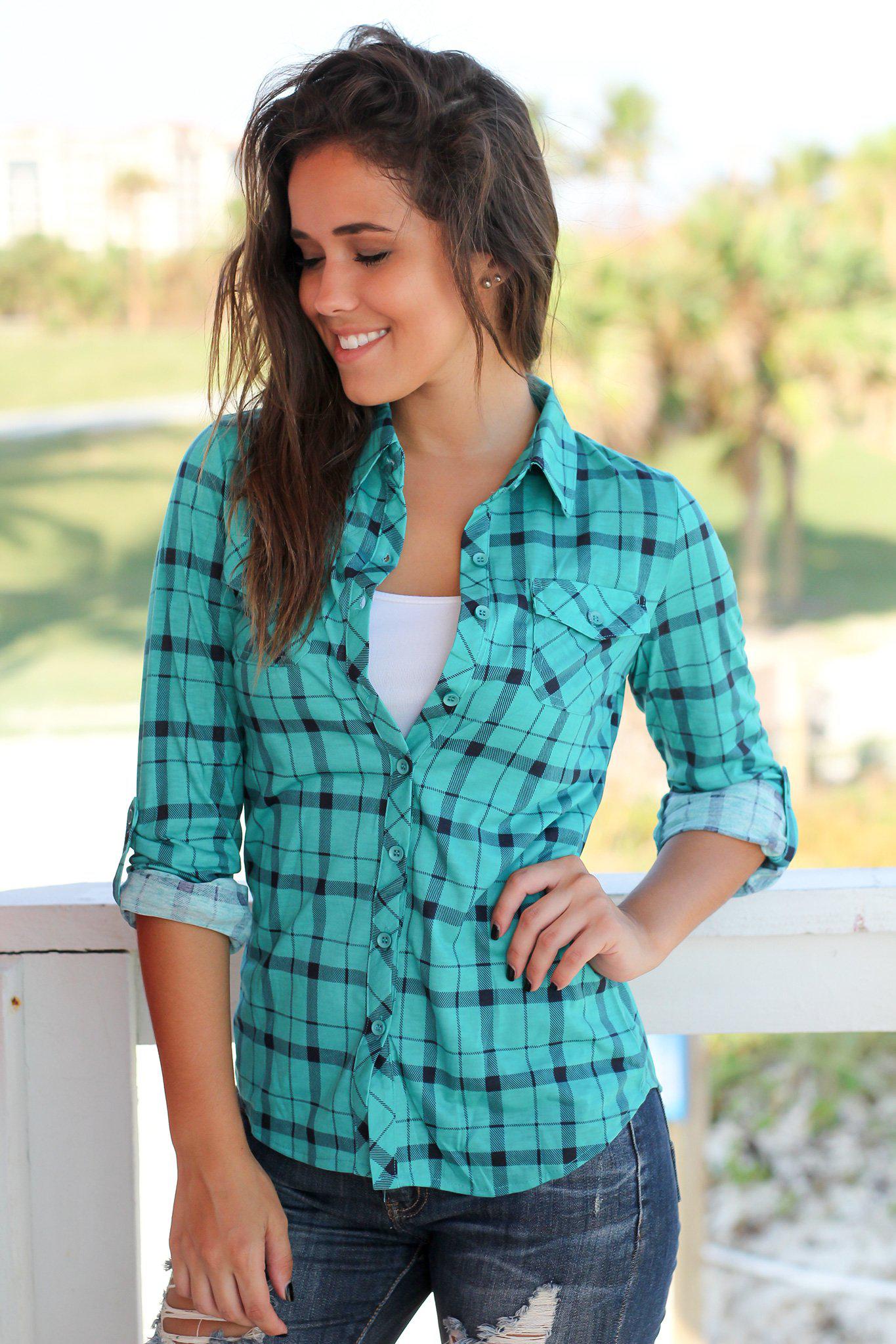 Stylish Jade and Navy Checkered Women's Button - Up Top
