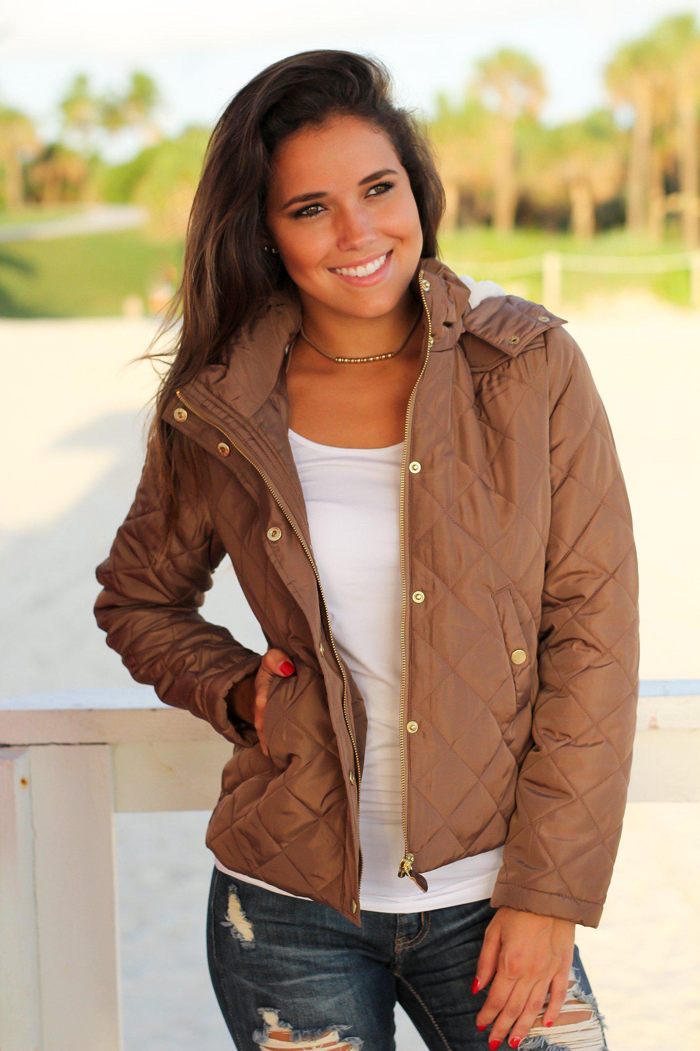 Stylish Camel Quilted Jacket with Ivory Faux Fur Lined Hood and Brown Elbow Patches