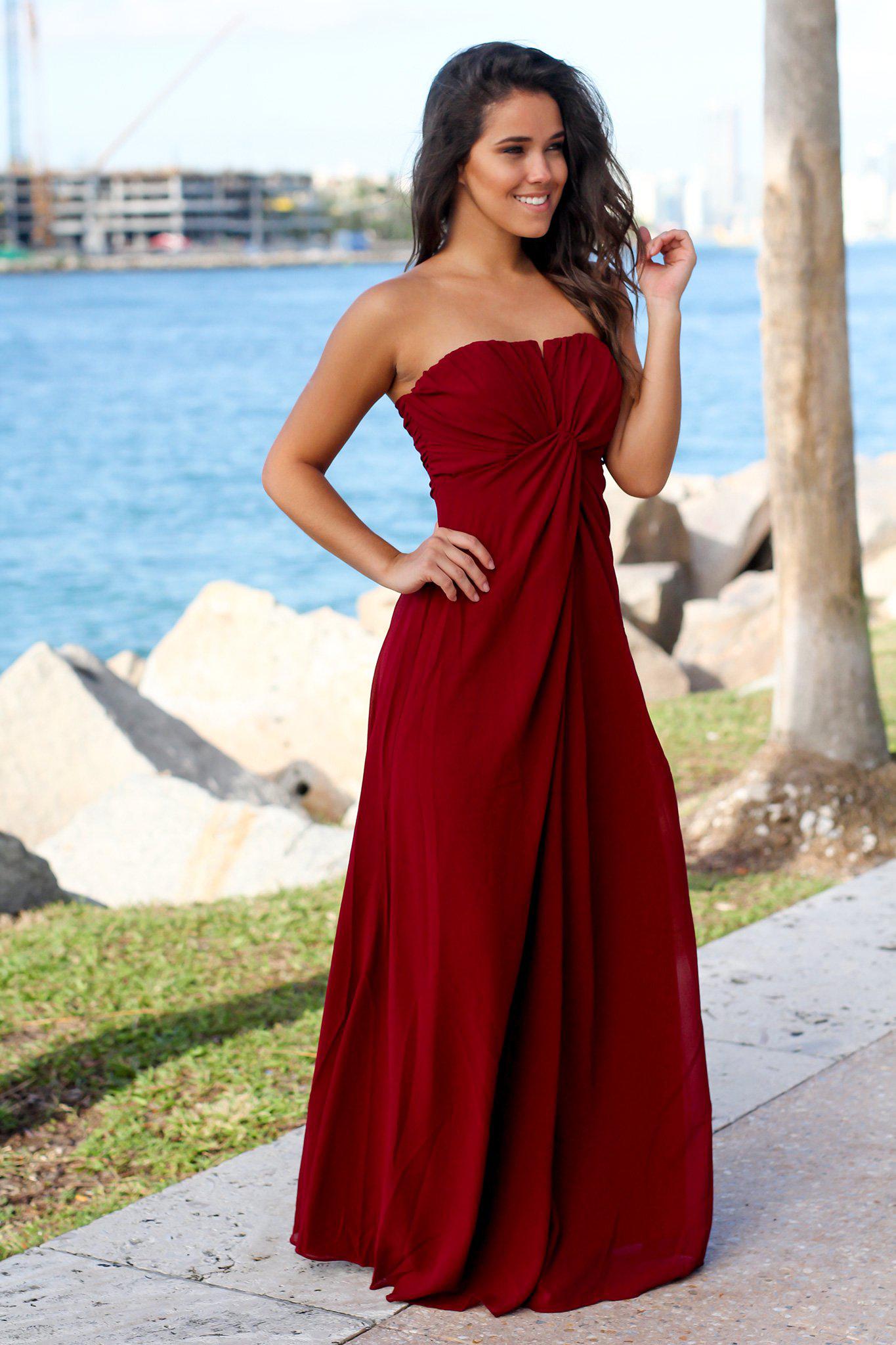 Gorgeous Burgundy Strapless Maxi Dress Featuring a Knot Detail