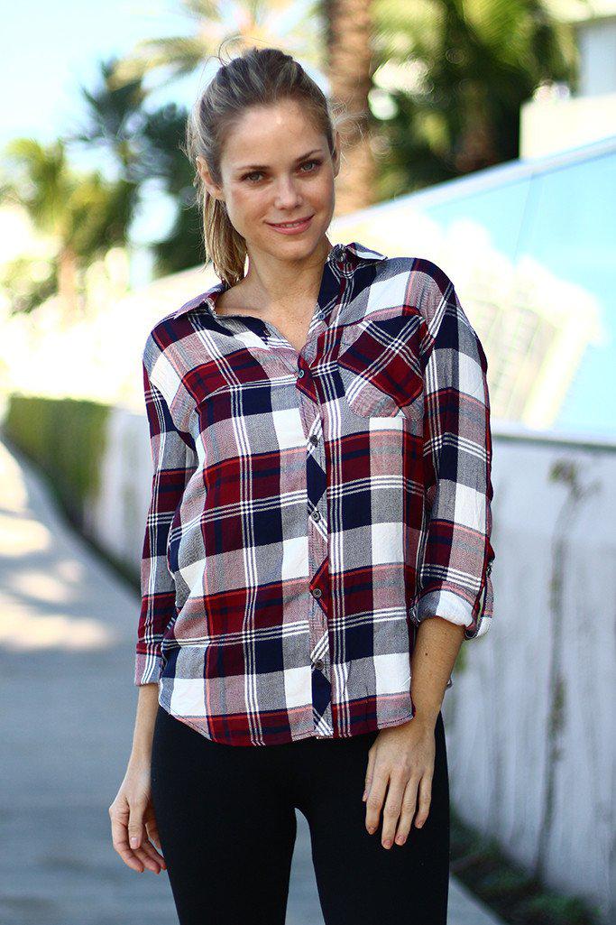 Stylish Burgundy and Multi - Color Plaid Long - Sleeve Top