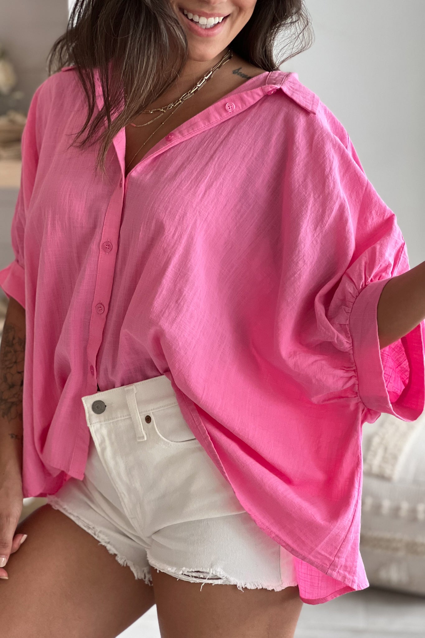 Stylish Bubble Gum Colored Oversized Cotton Button - Down Shirt