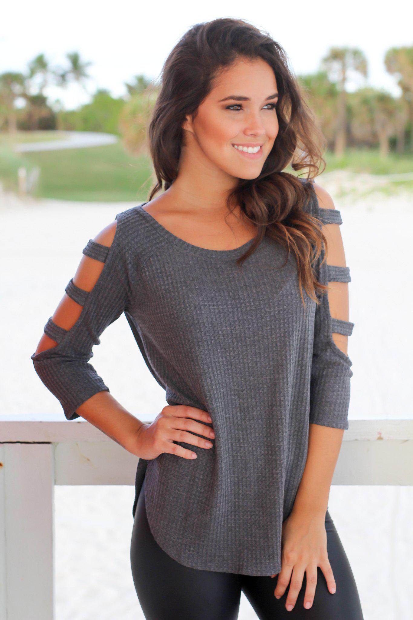 Charcoal Knitted Women's Top with Stylish Cut-Out Sleeve Design