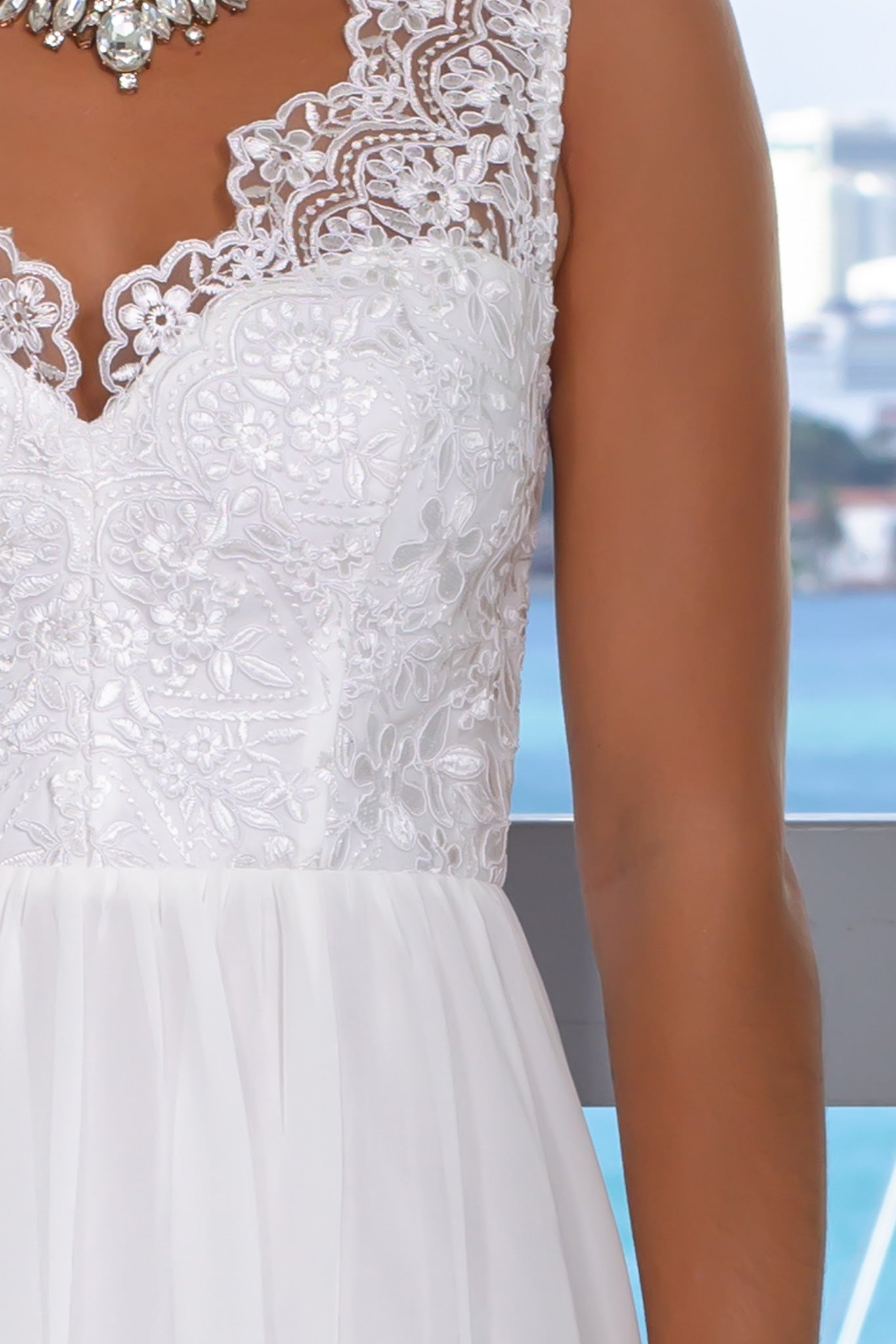 Elegant Ivory Embroidered Sleeveless Maxi Dress for Women with Mesh Back and Side Slit