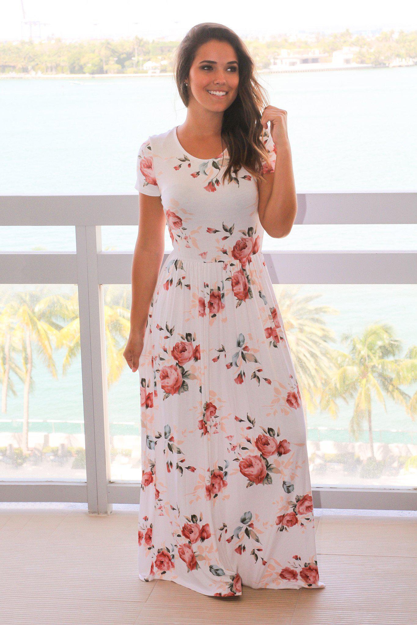 Ivory Floral Maxi Dress with Criss Cross Back