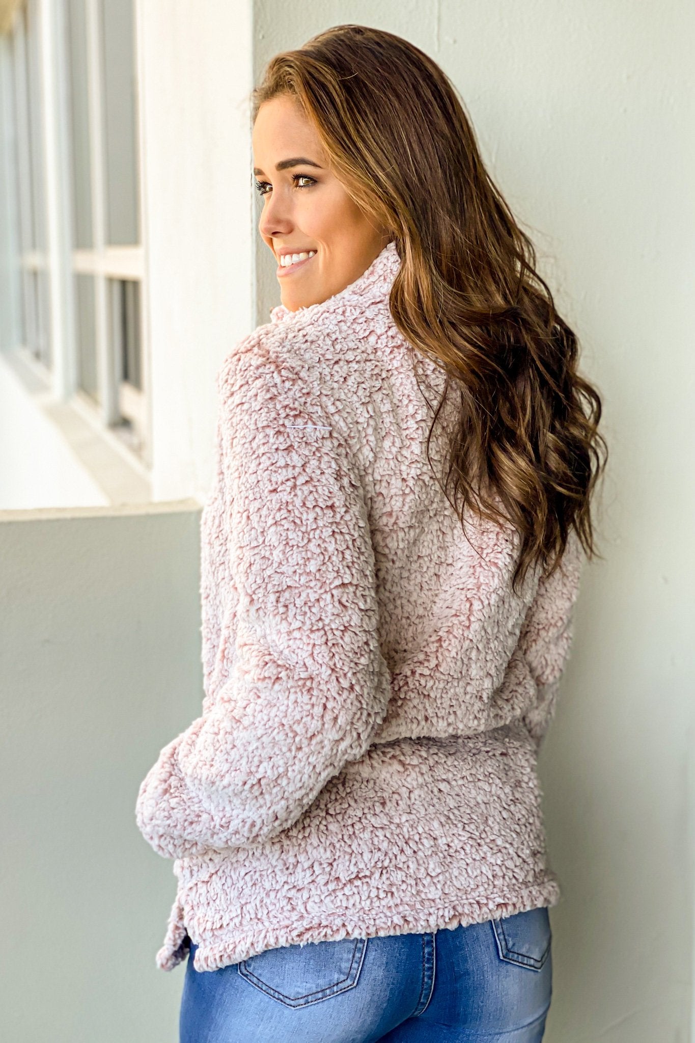 Cozy Mauve Fuzzy Long - Sleeve Sweater with Side Pockets and Zipper Detail