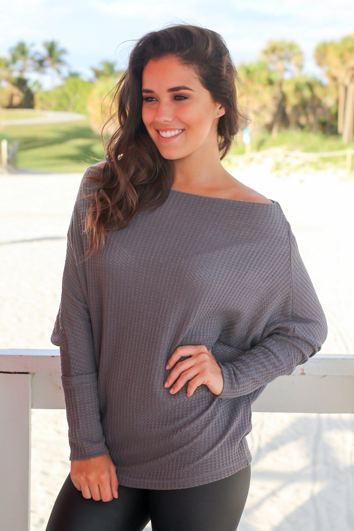 Stylish Charcoal Off - Shoulder Long - Sleeved Knit Women's Top