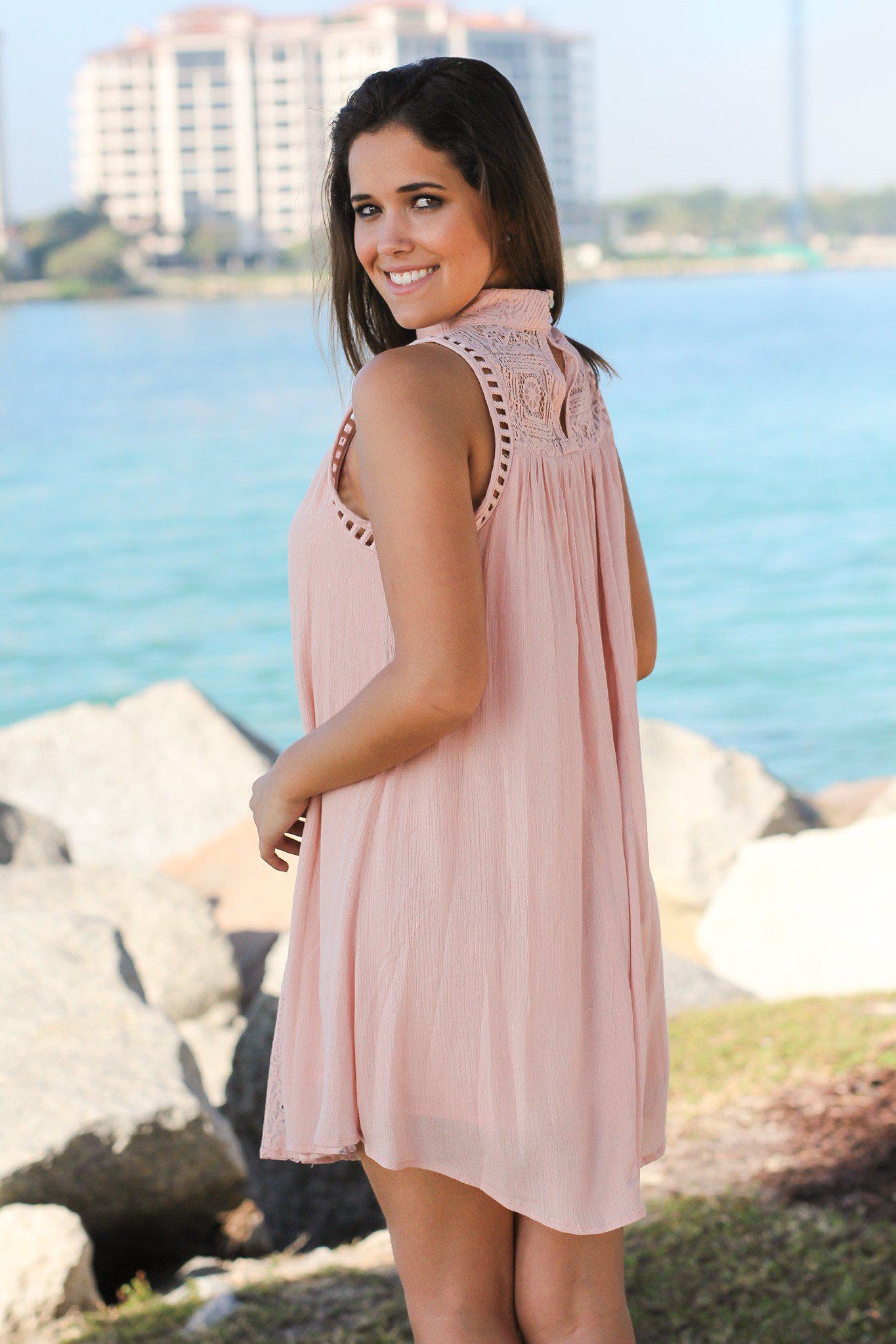 Blush-colored Short Women's Dress Adorned with Delicate Lace Details