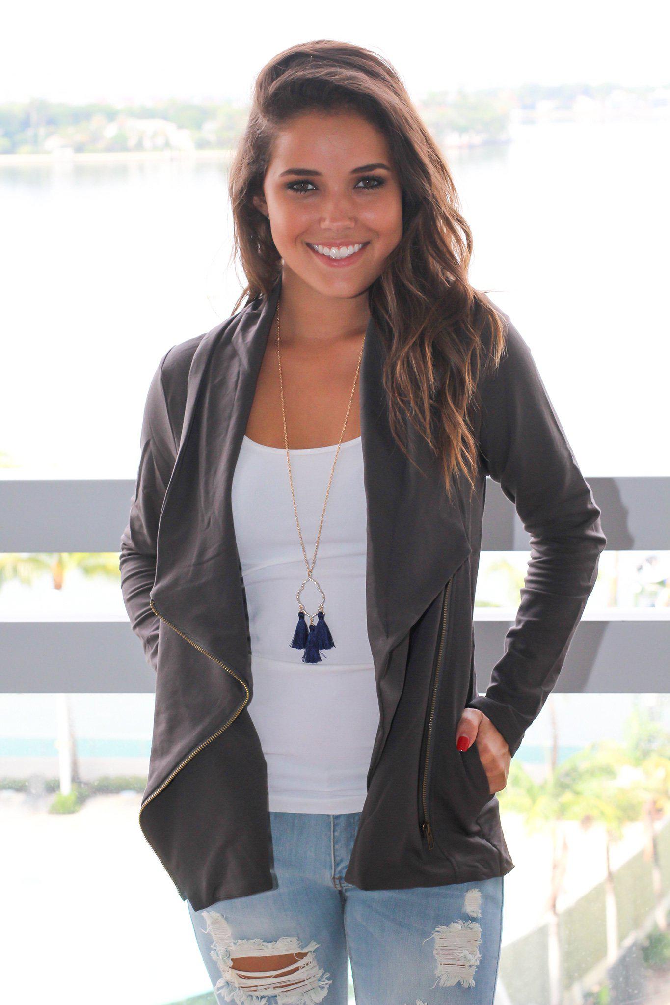 Stylish Charcoal Women's Jacket with Side Zipper and Front Pockets