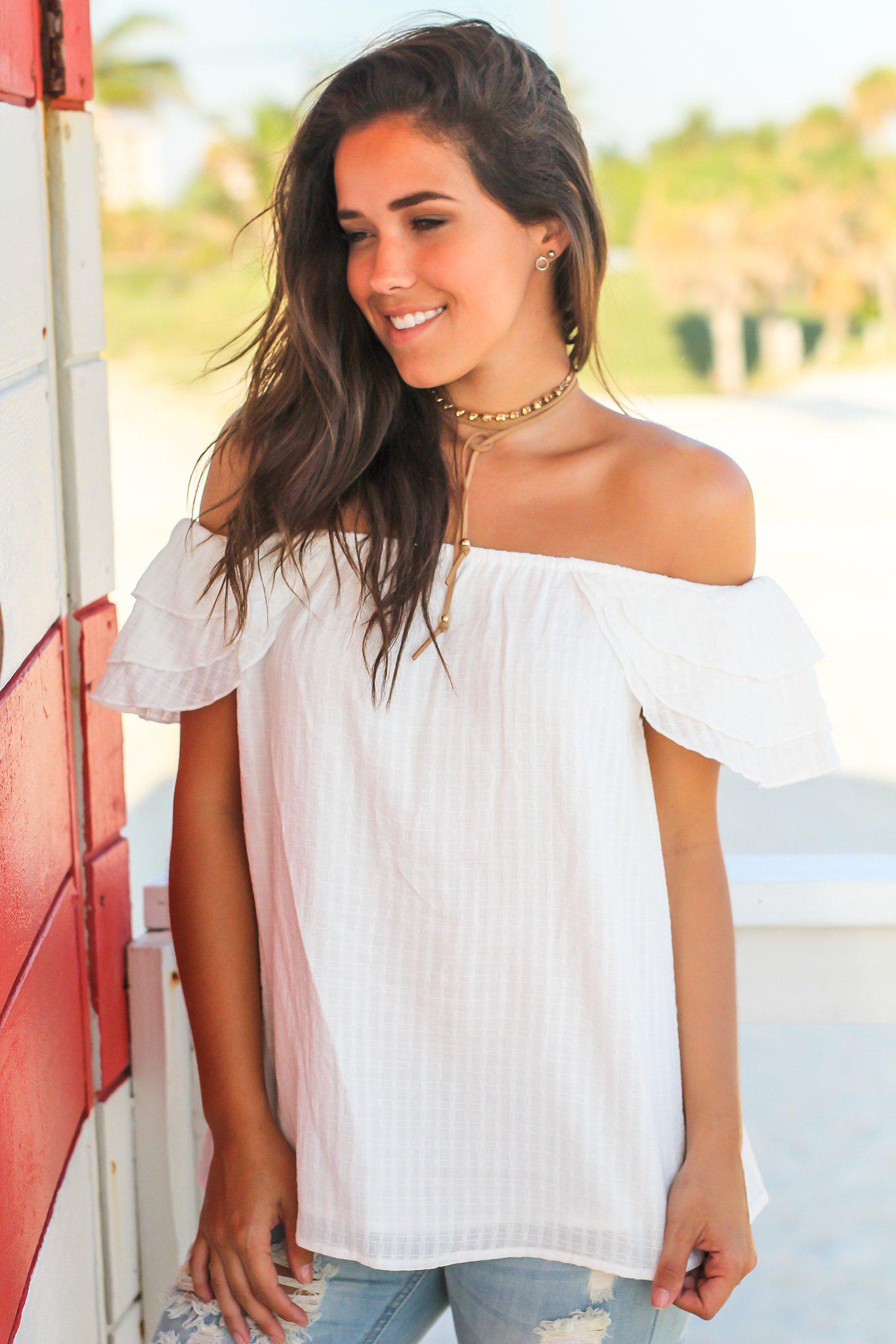 Stylish Ivory Off - Shoulder Cotton Top with Short Ruffled Sleeves