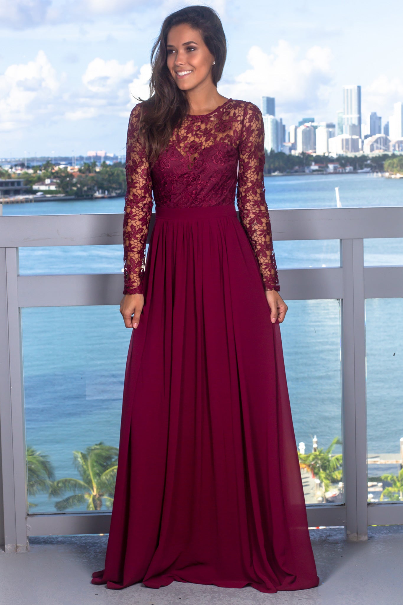 Stunning Burgundy Crochet - Detailed Long - Sleeve Top Maxi Dress with Back Lace - Up and Zipper