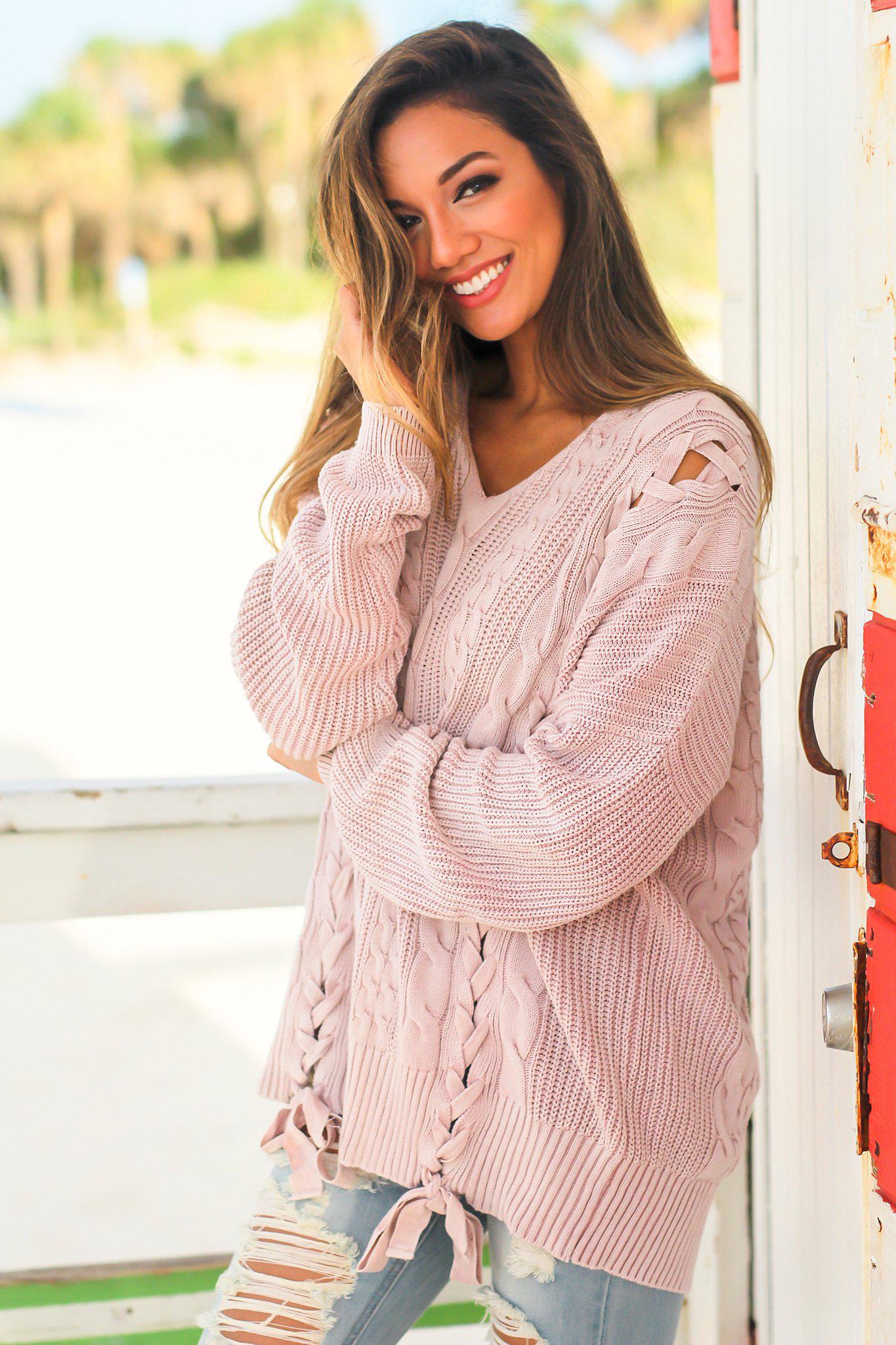Stylish Mauve-colored Cable Knit Cotton Sweater for Fall and Winter