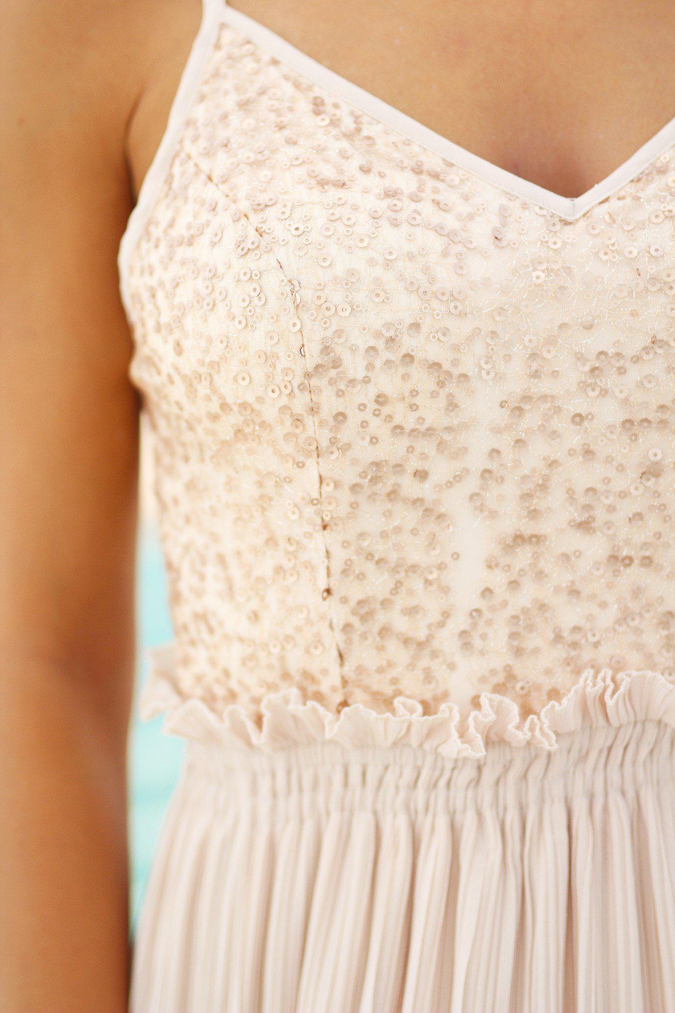 Gorgeous Champagne Sequined Maxi Dress with Criss Cross Open Back