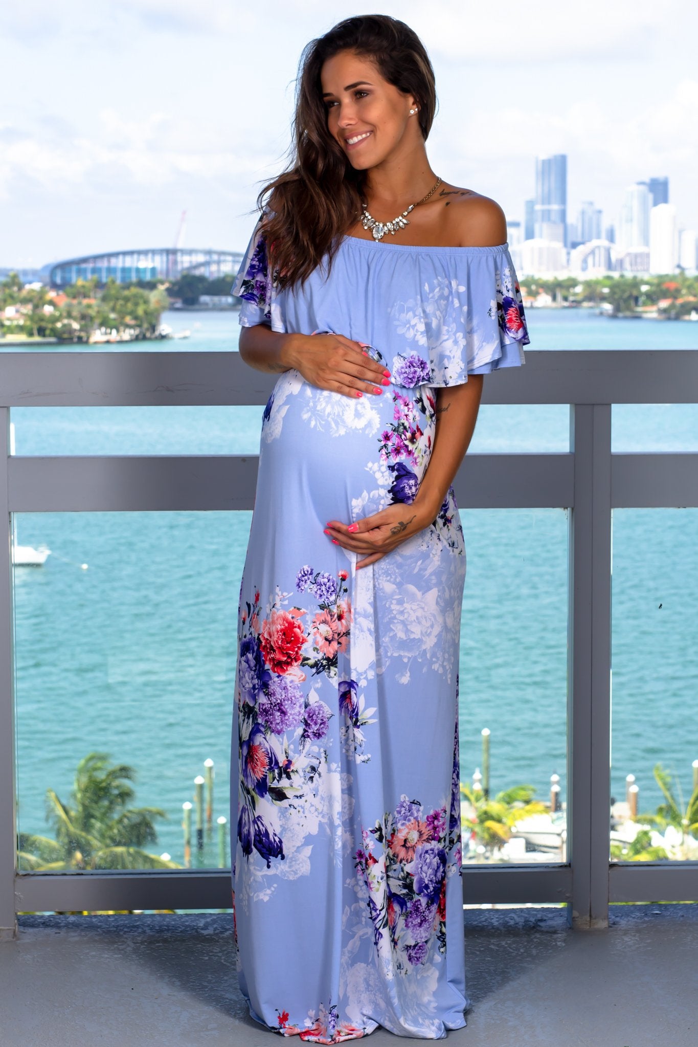 Light Blue Floral Off-the-Shoulder Maternity Long Maxi Dress for Expectant Mothers