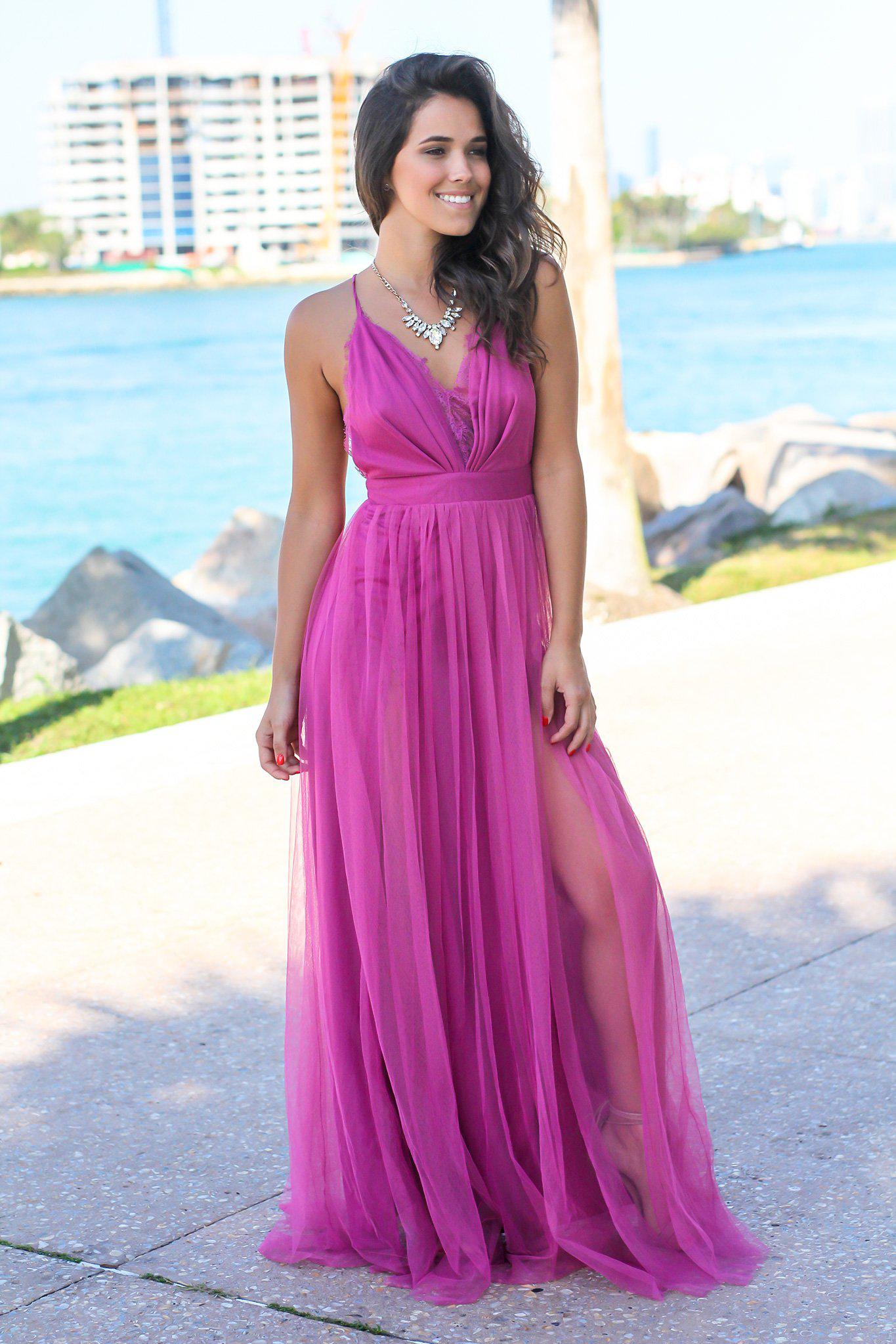 Gorgeous Magenta Tulle Maxi Dress with Elegant Lace Accents
