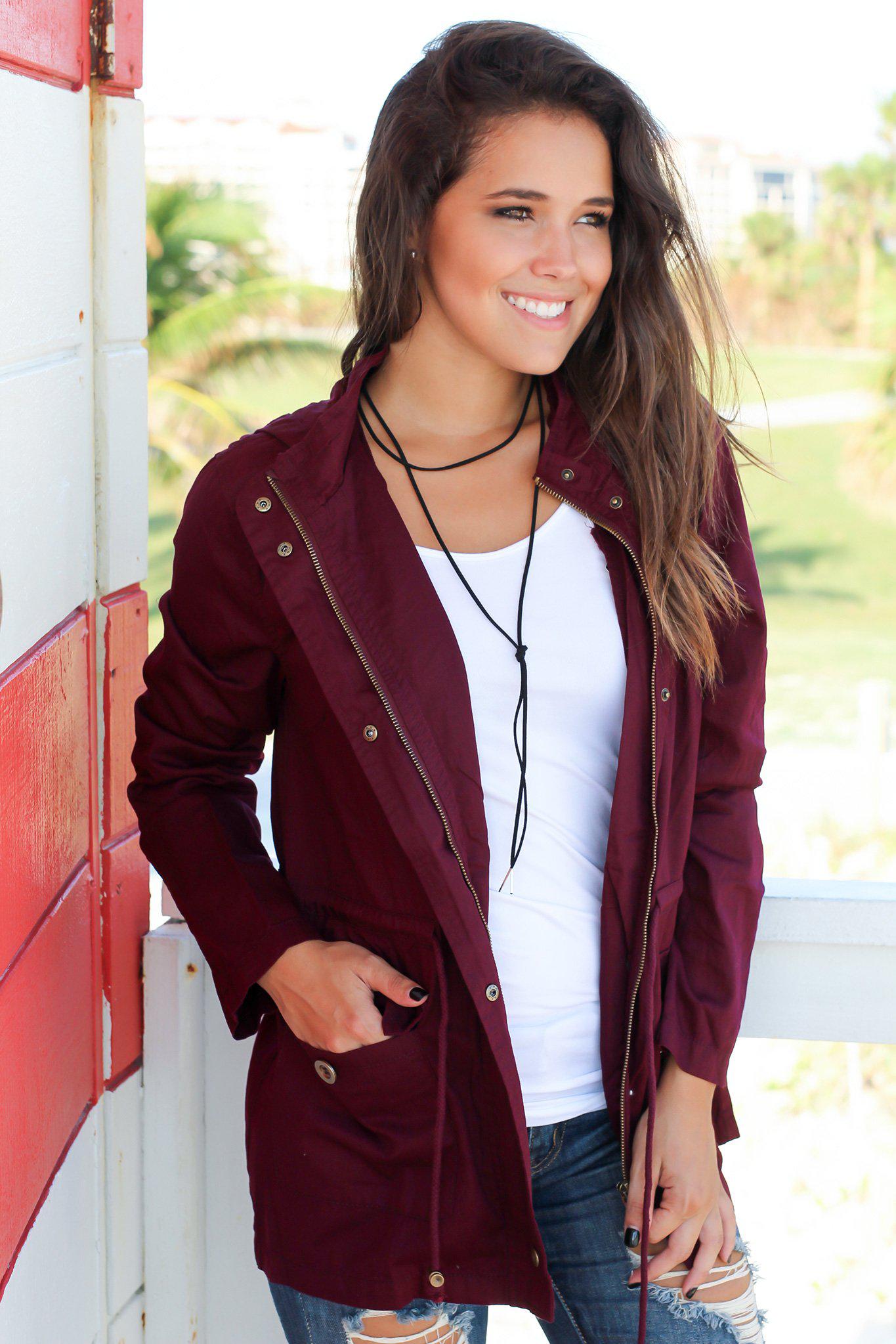 Stylish Burgundy Cotton Jacket with Hood for Fall and Winter