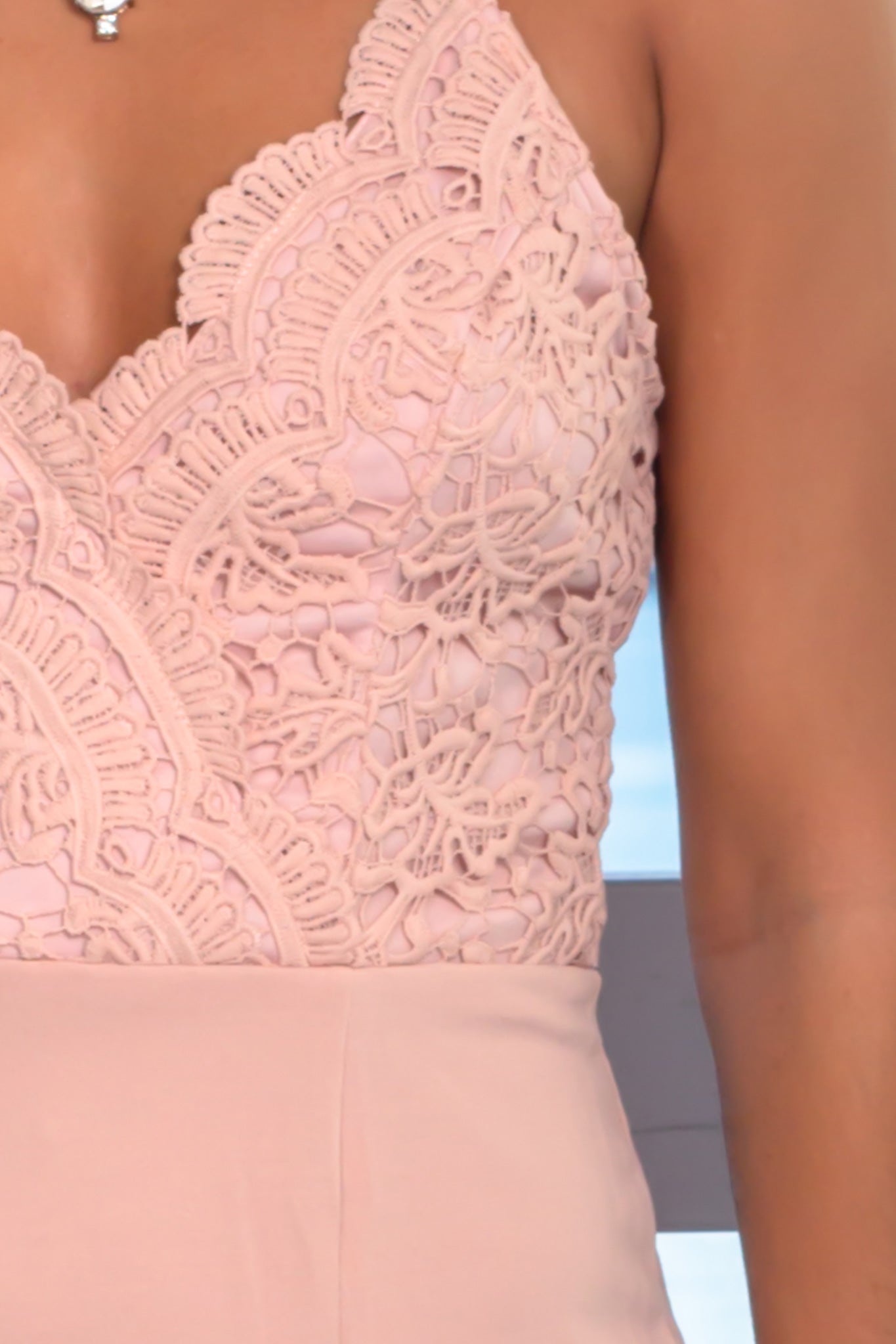 Elegant Blush Sleeveless Crochet Maxi Dress with Adjustable Straps and Side Slit