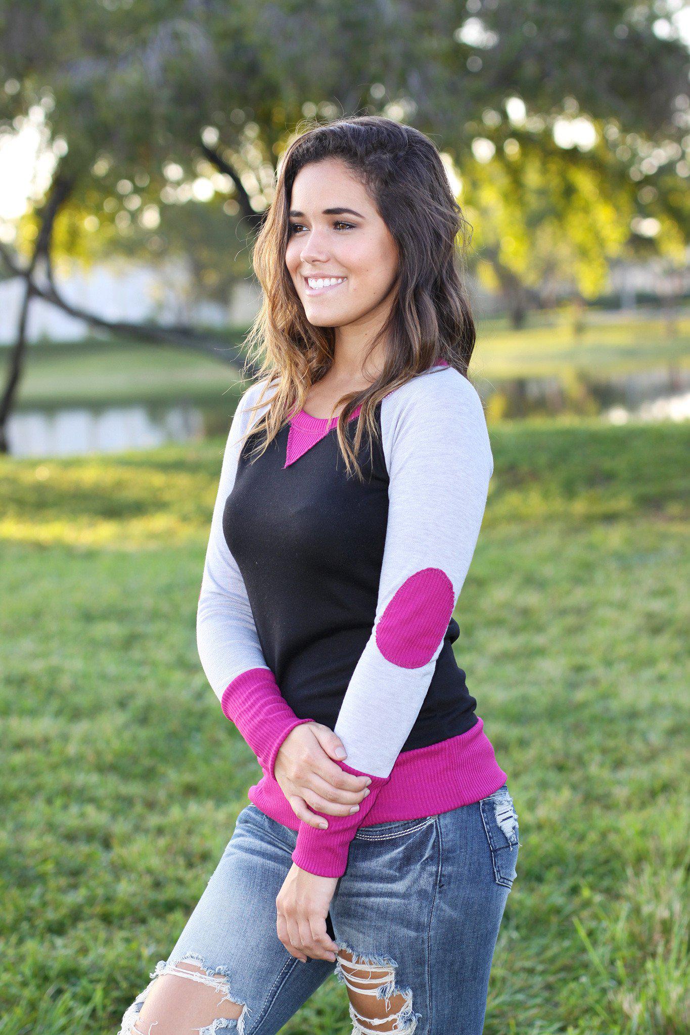 Adorable Magenta, Black, and Gray Top with Charming Elbow Patches