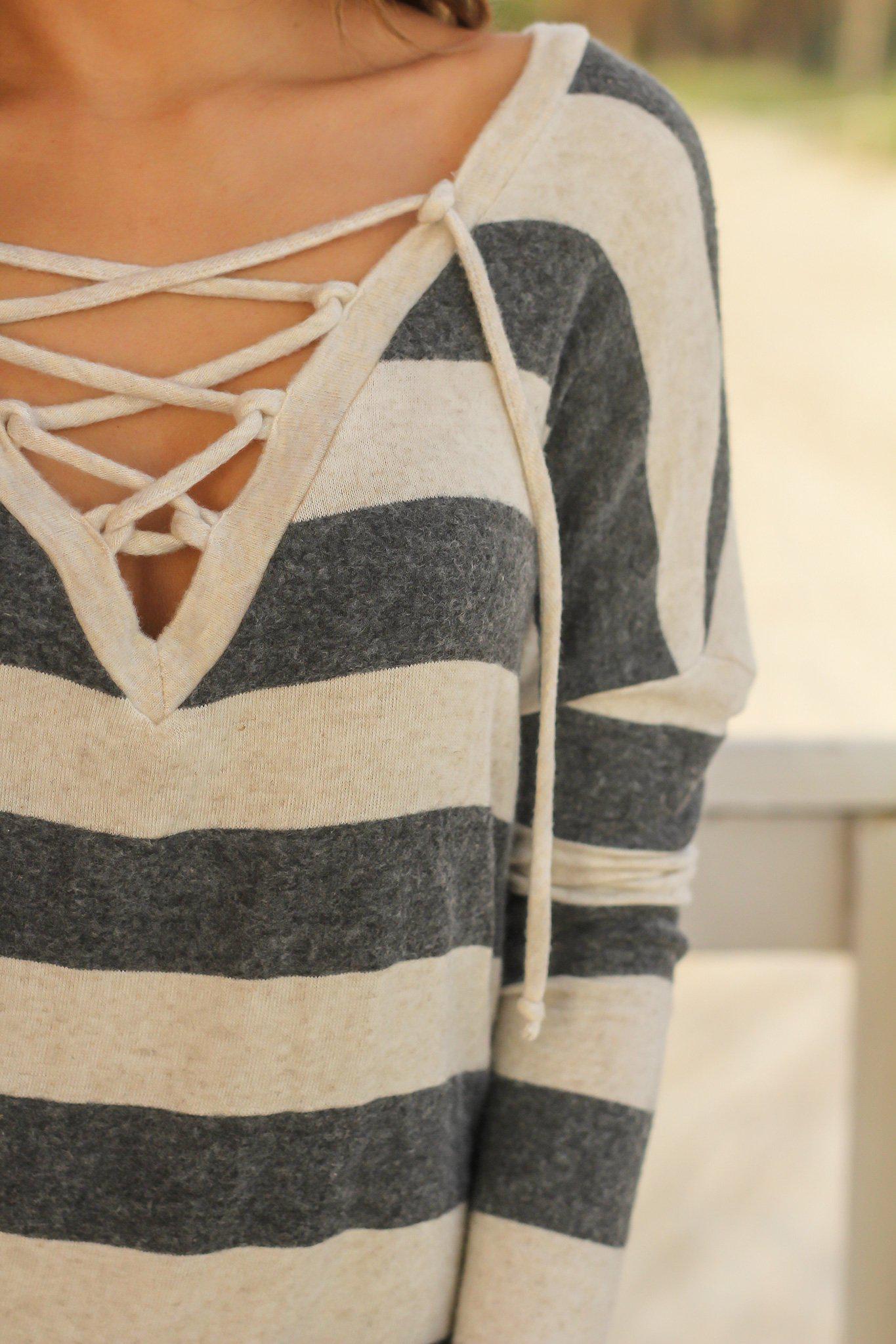 Stylish Charcoal and Taupe Striped Long - Sleeve Lace - Up V - Neck Top