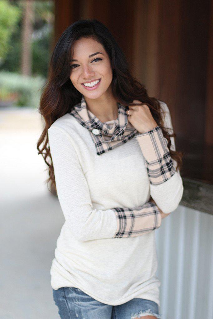 Charming Ivory and Taupe Plaid Cowl Neck Long - Sleeve Top