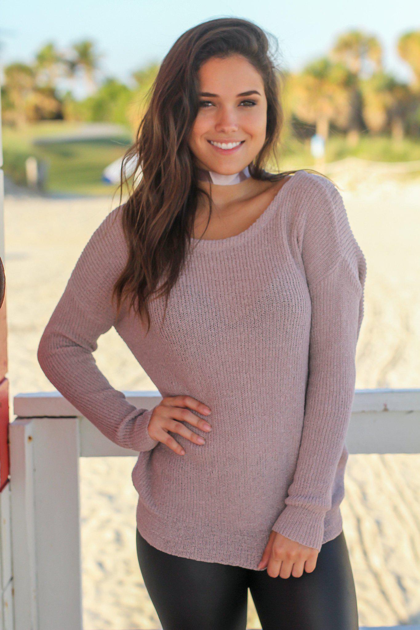 Charming Women's Mauve Knitted Sweater Featuring Knot Decoration